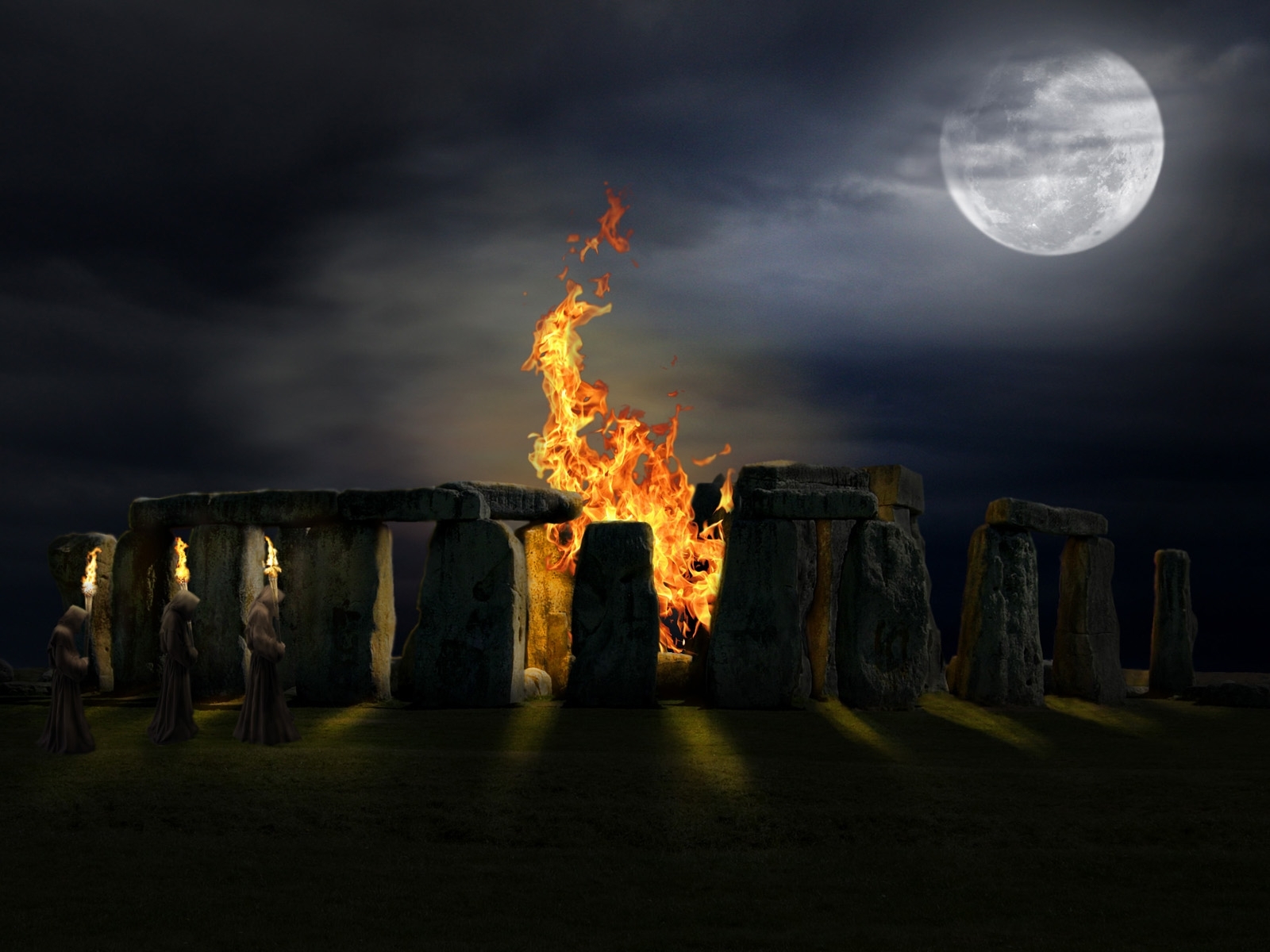 stonehenge, bonfire, landscape, moon, black