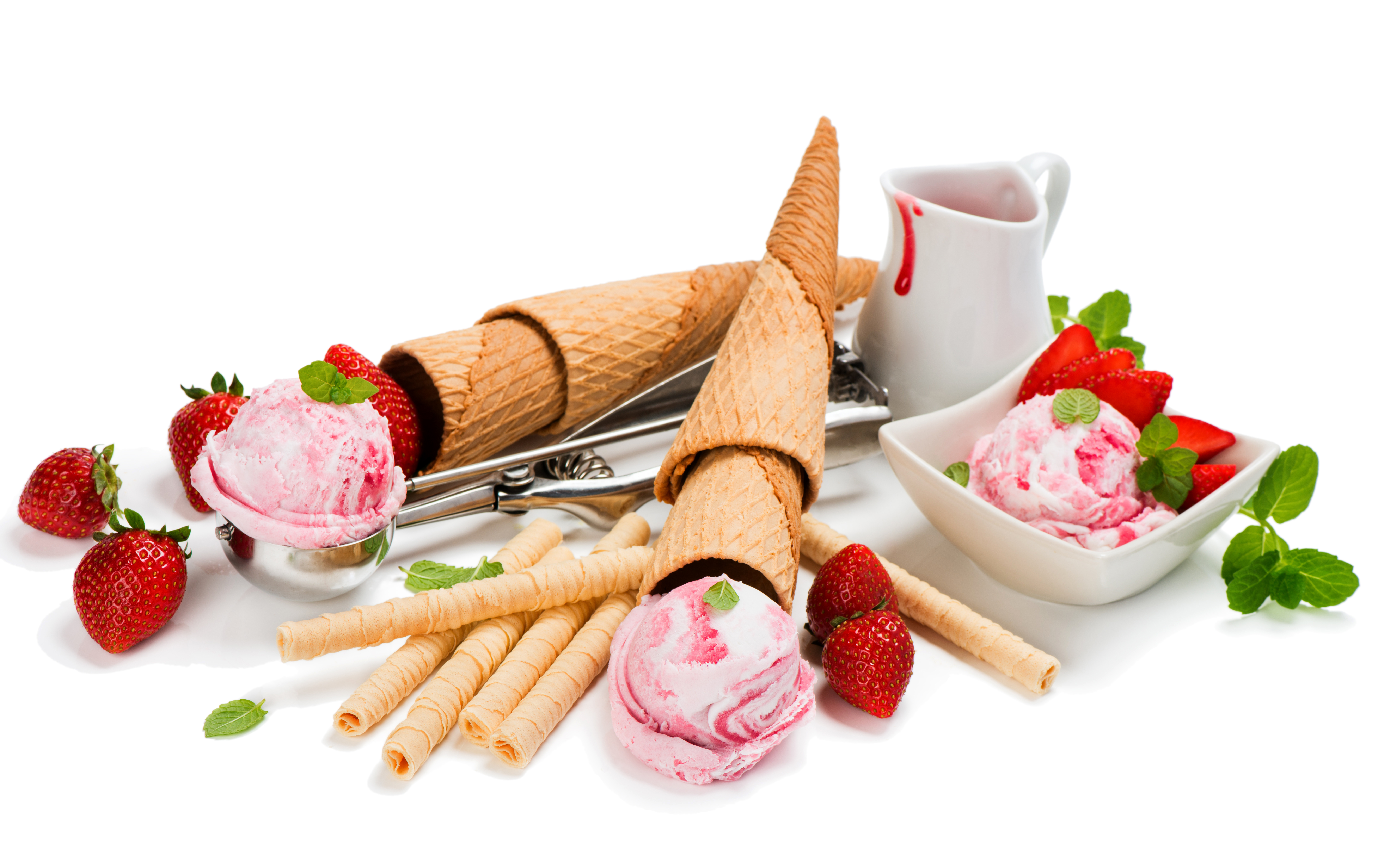 Laden Sie das Erdbeere, Eiscreme, Nahrungsmittel, Stillleben, Eishörnchen-Bild kostenlos auf Ihren PC-Desktop herunter