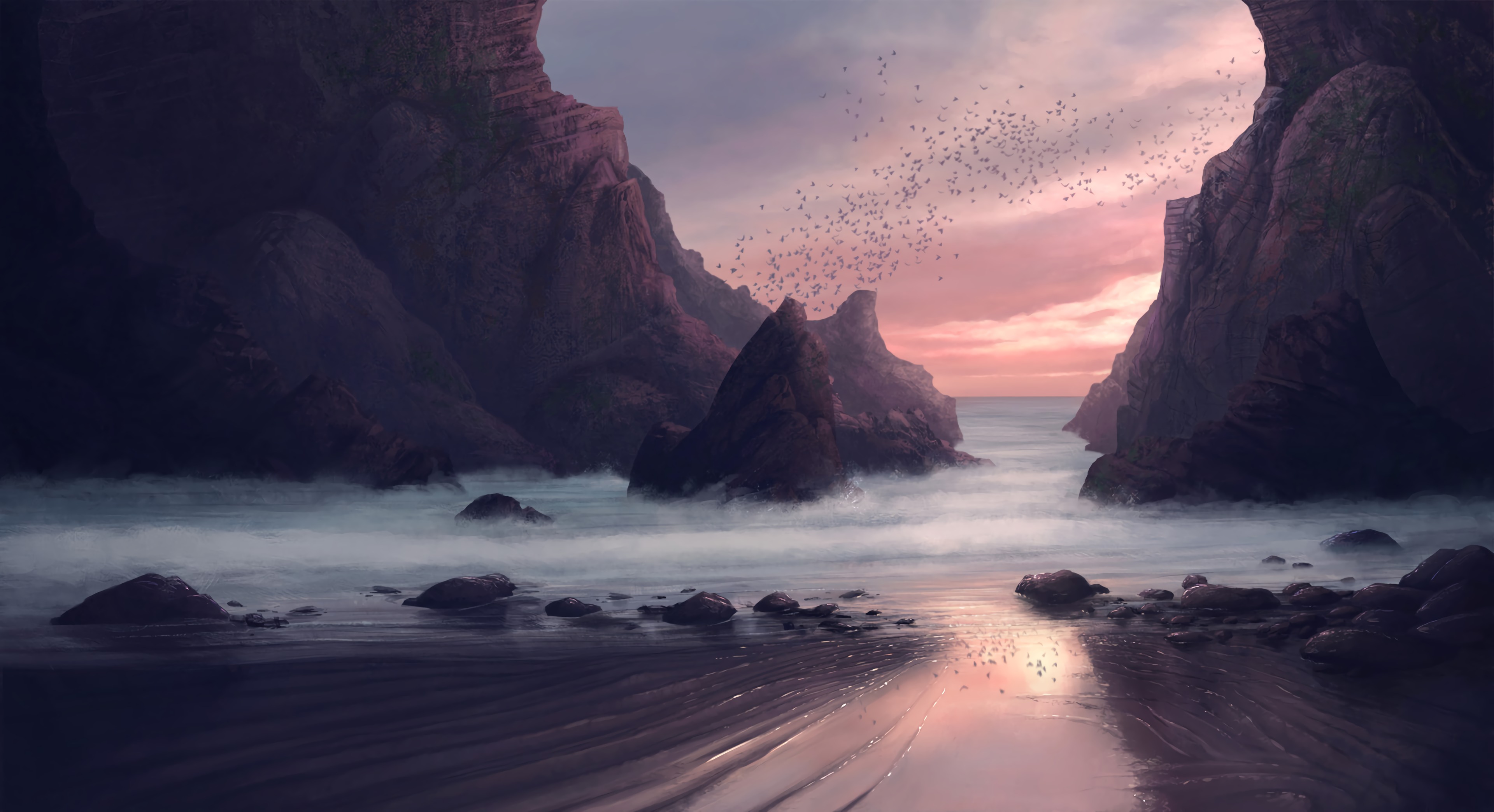 Free download wallpaper Birds, Rocks, Horizon, Art on your PC desktop