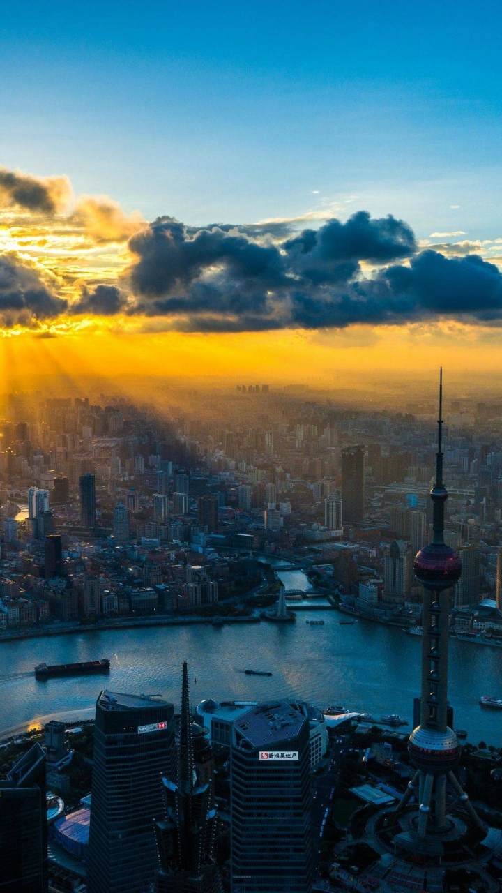 Скачать картинку Пейзаж, Города, Закат, Город, Ландшафт, Шанхай, Сделано Человеком, Закат Солнца в телефон бесплатно.
