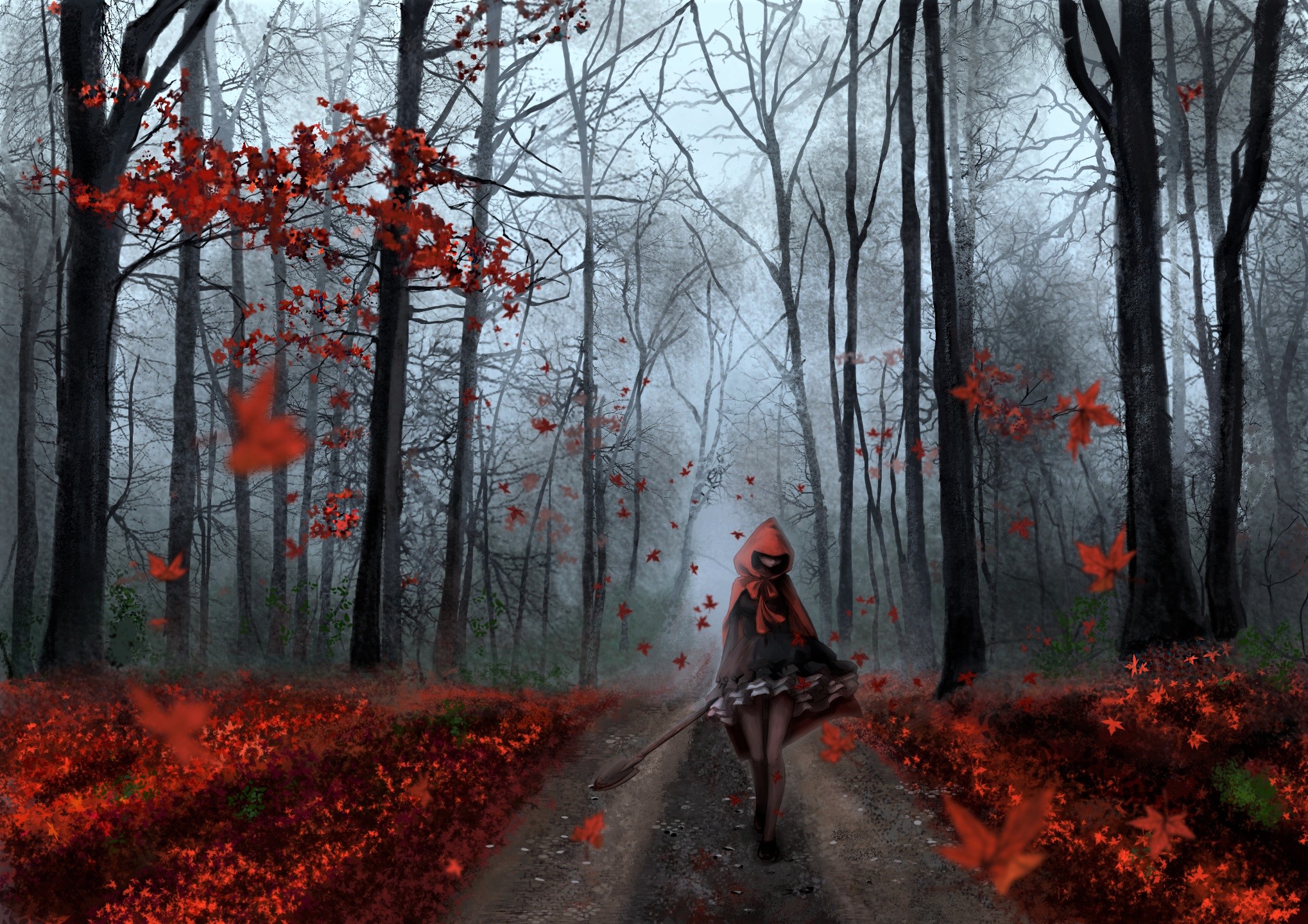 Download mobile wallpaper Fantasy, Road, Tree, Fall, Red Riding Hood for free.