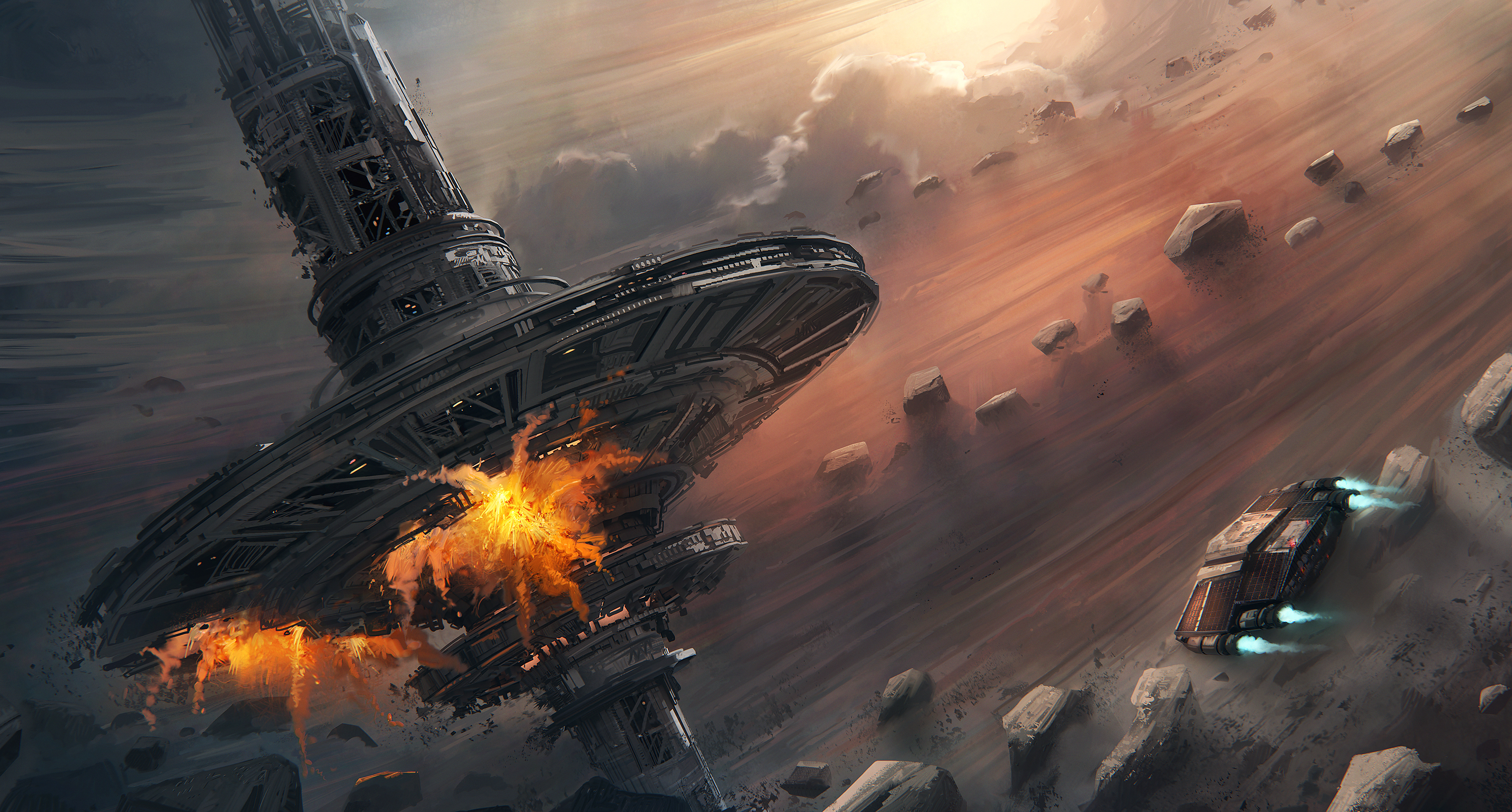 Download mobile wallpaper Explosion, Sci Fi, Spaceship, Asteroid, Space Station for free.