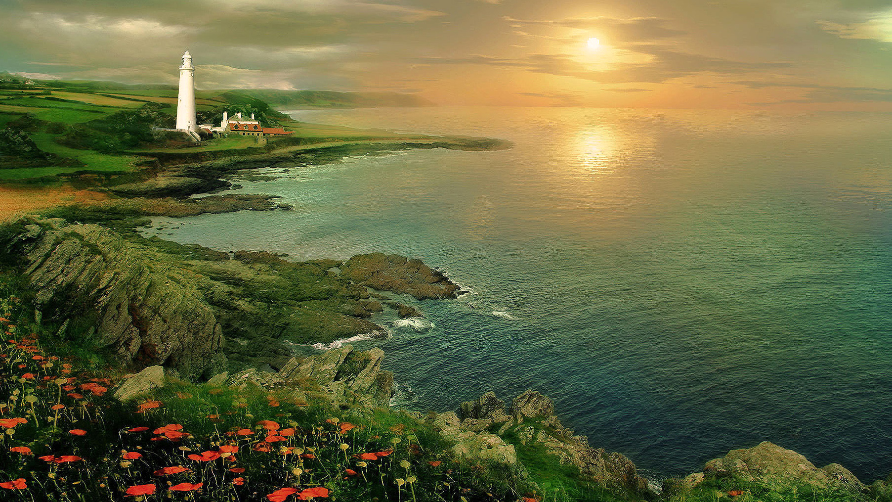 Download mobile wallpaper Sunset, Flower, Ocean, Lighthouse, Man Made for free.