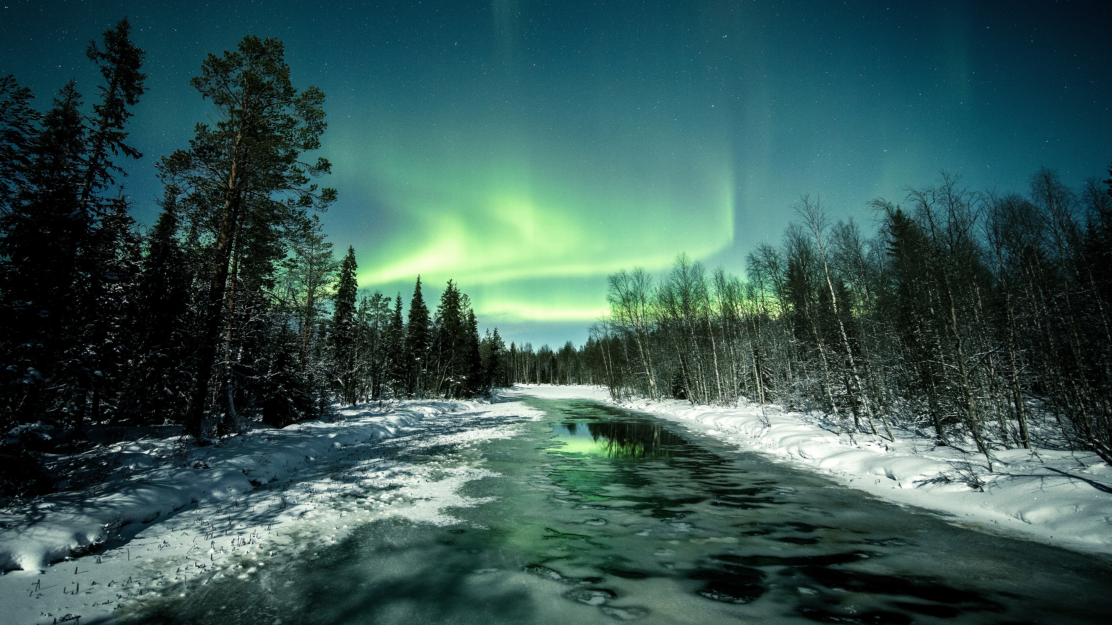 Download mobile wallpaper Winter, Nature, Sky, Night, Snow, Earth, Aurora Borealis, River for free.