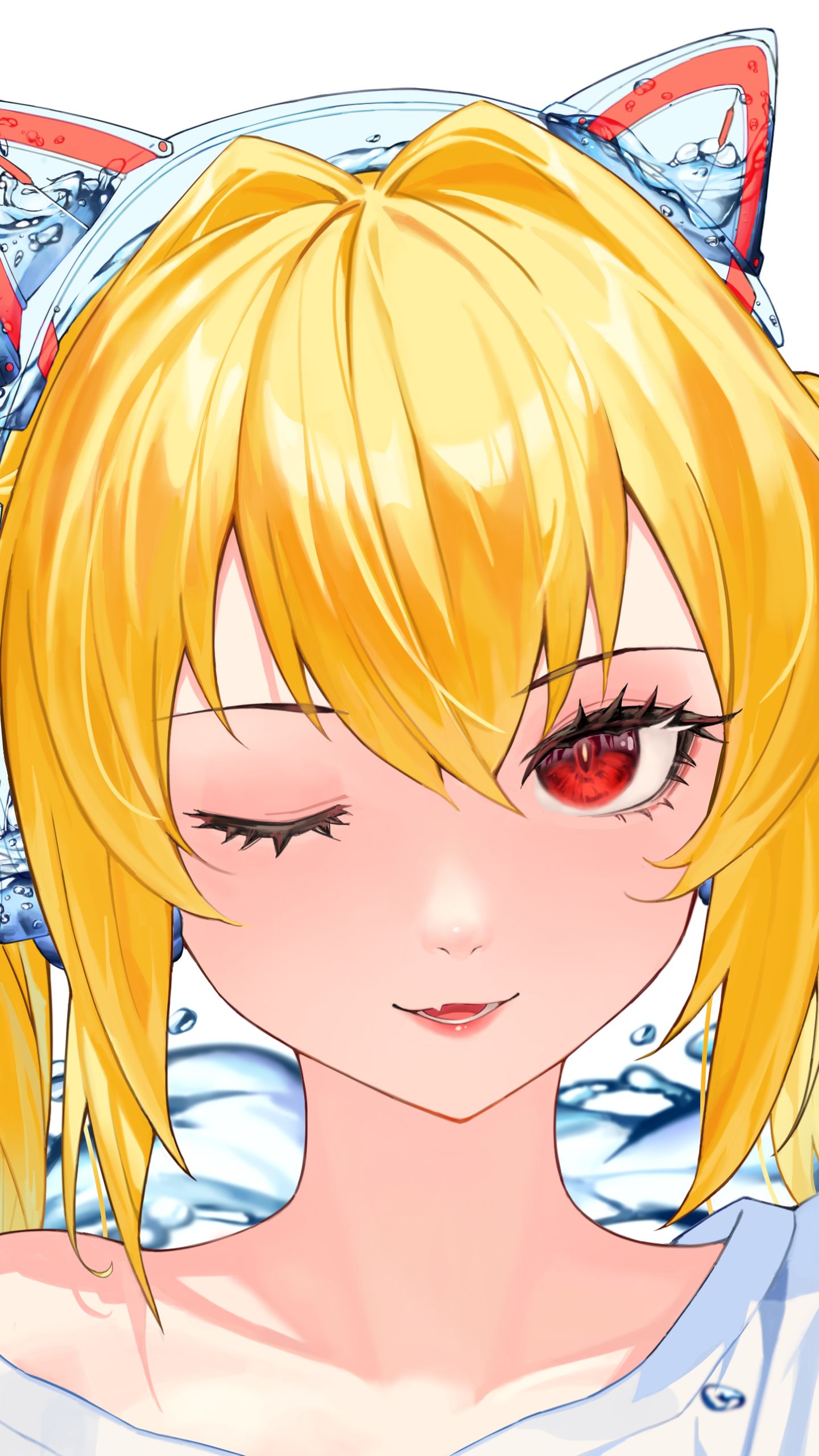 Download mobile wallpaper Anime, Headphones, Blonde, Face, Wink, Original, Red Eyes for free.