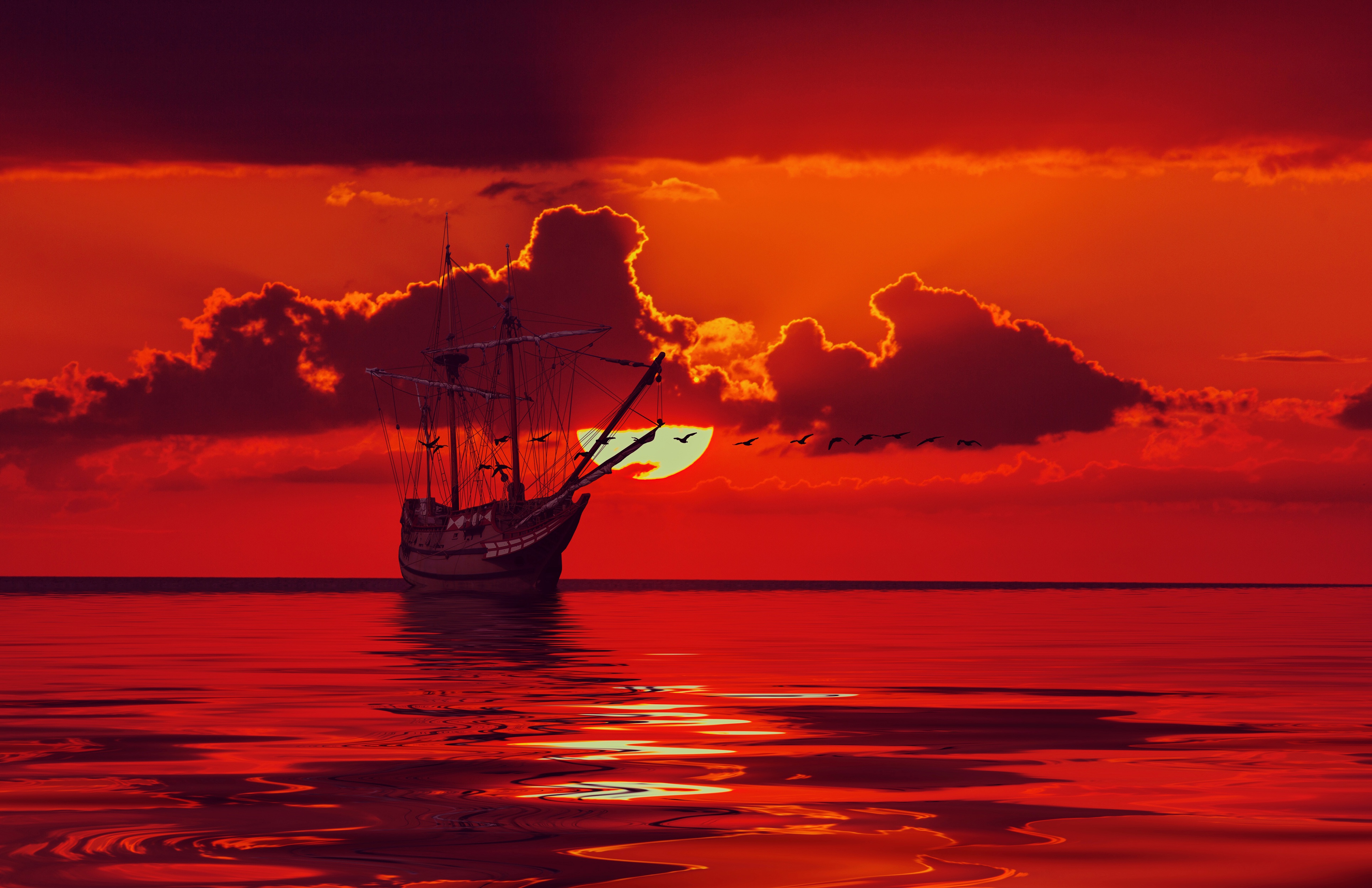 Download mobile wallpaper Sunset, Sky, Horizon, Ocean, Boat, Sailboat, Ship, Cloud, Vehicles, Orange (Color) for free.