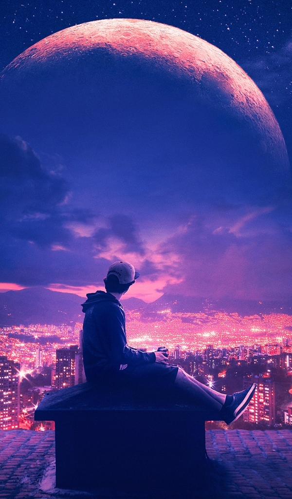 Download mobile wallpaper Sky, Night, City, Light, Purple, Planet, Photography, Manipulation for free.
