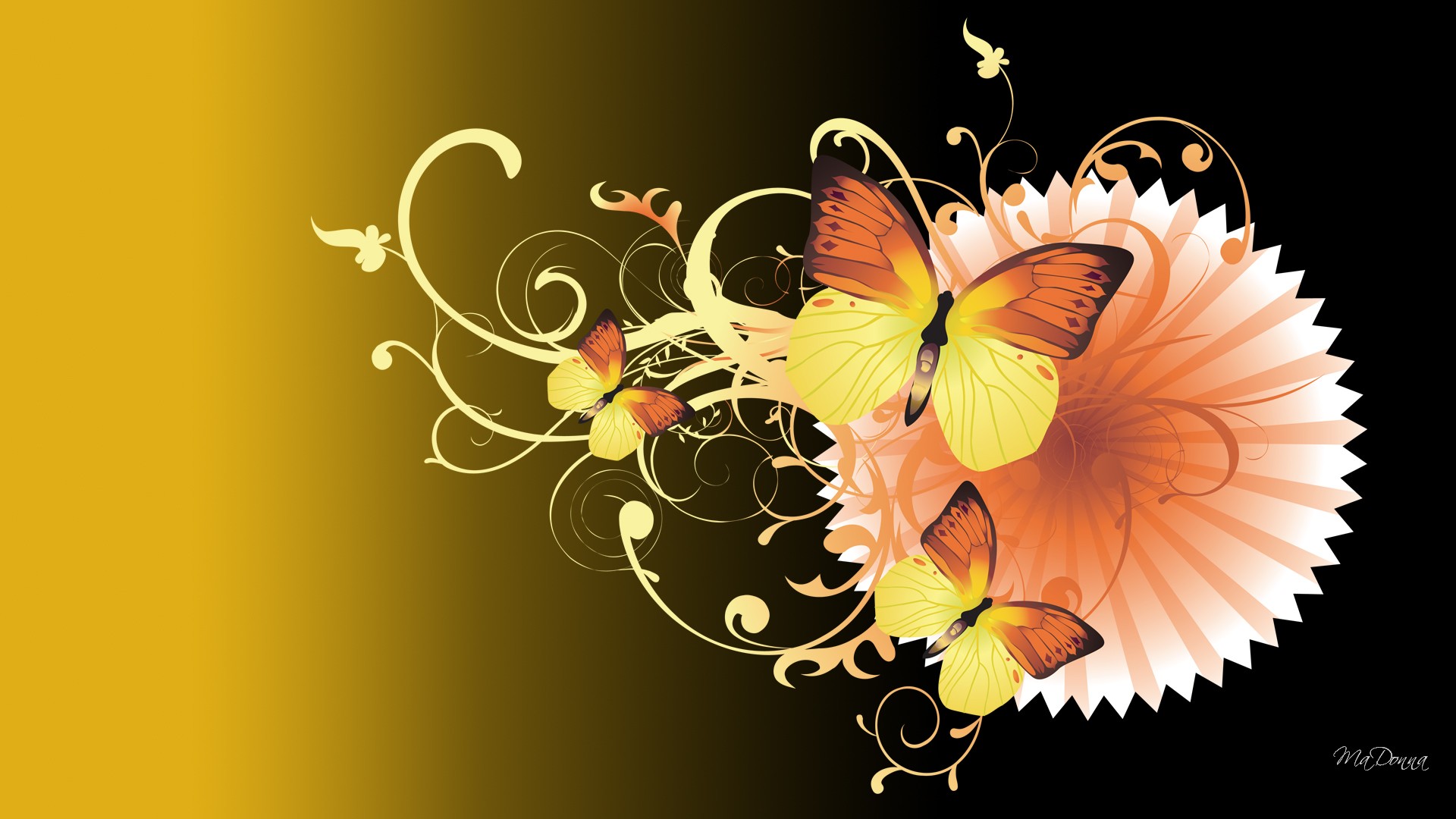 Скачать картинку Цветок, Бабочка, Жёлтый, Водоворот, Художественные, Оранжевый Цвет) в телефон бесплатно.