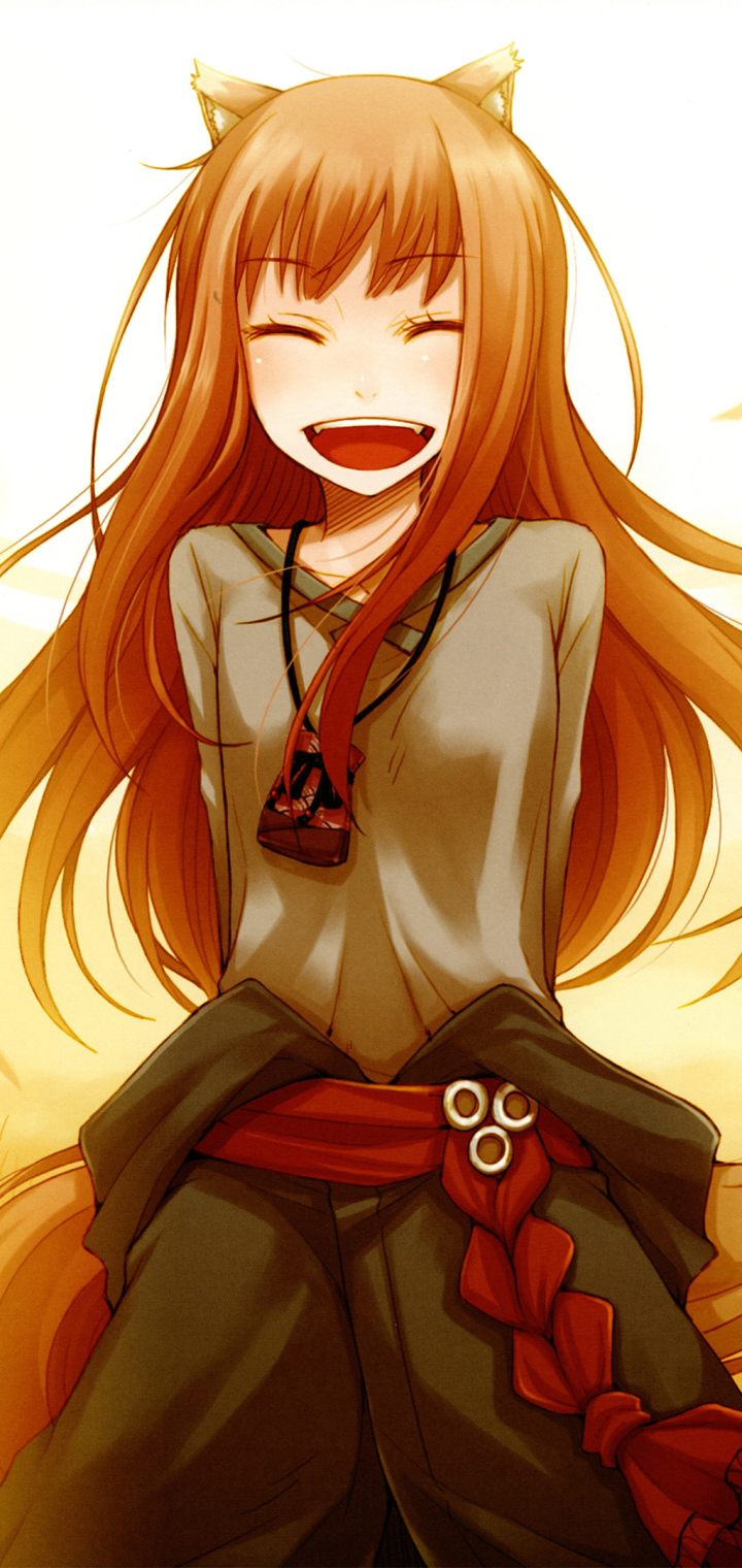 Handy-Wallpaper Lächeln, Halskette, Animes, Lange Haare, Braune Haare, Holo (Spice & Wolf), Tierische Ohren, Spice And Wolf kostenlos herunterladen.