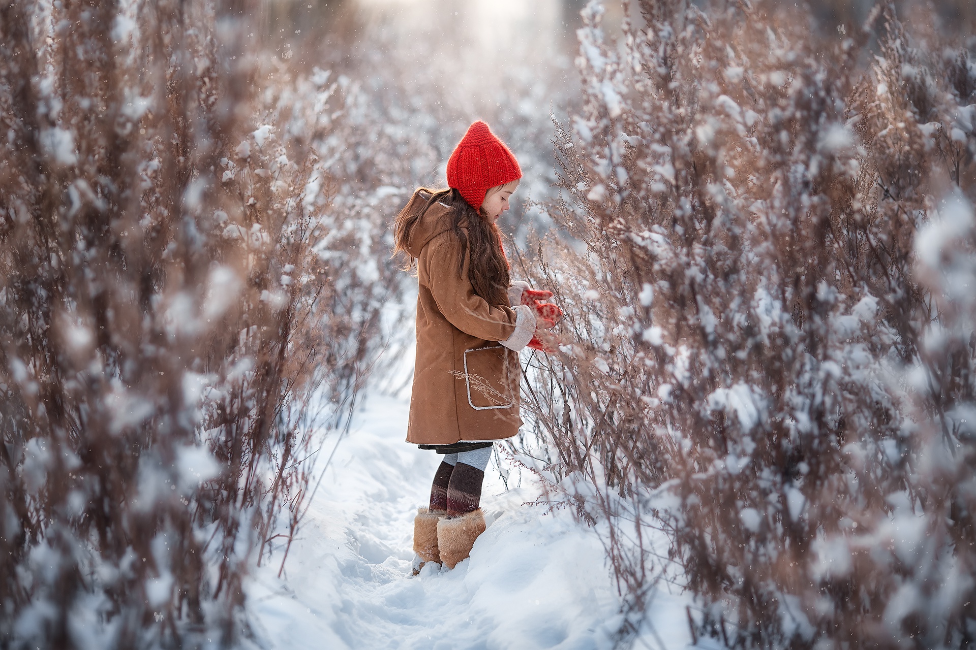 Handy-Wallpaper Winter, Natur, Schnee, Busch, Kind, Fotografie kostenlos herunterladen.