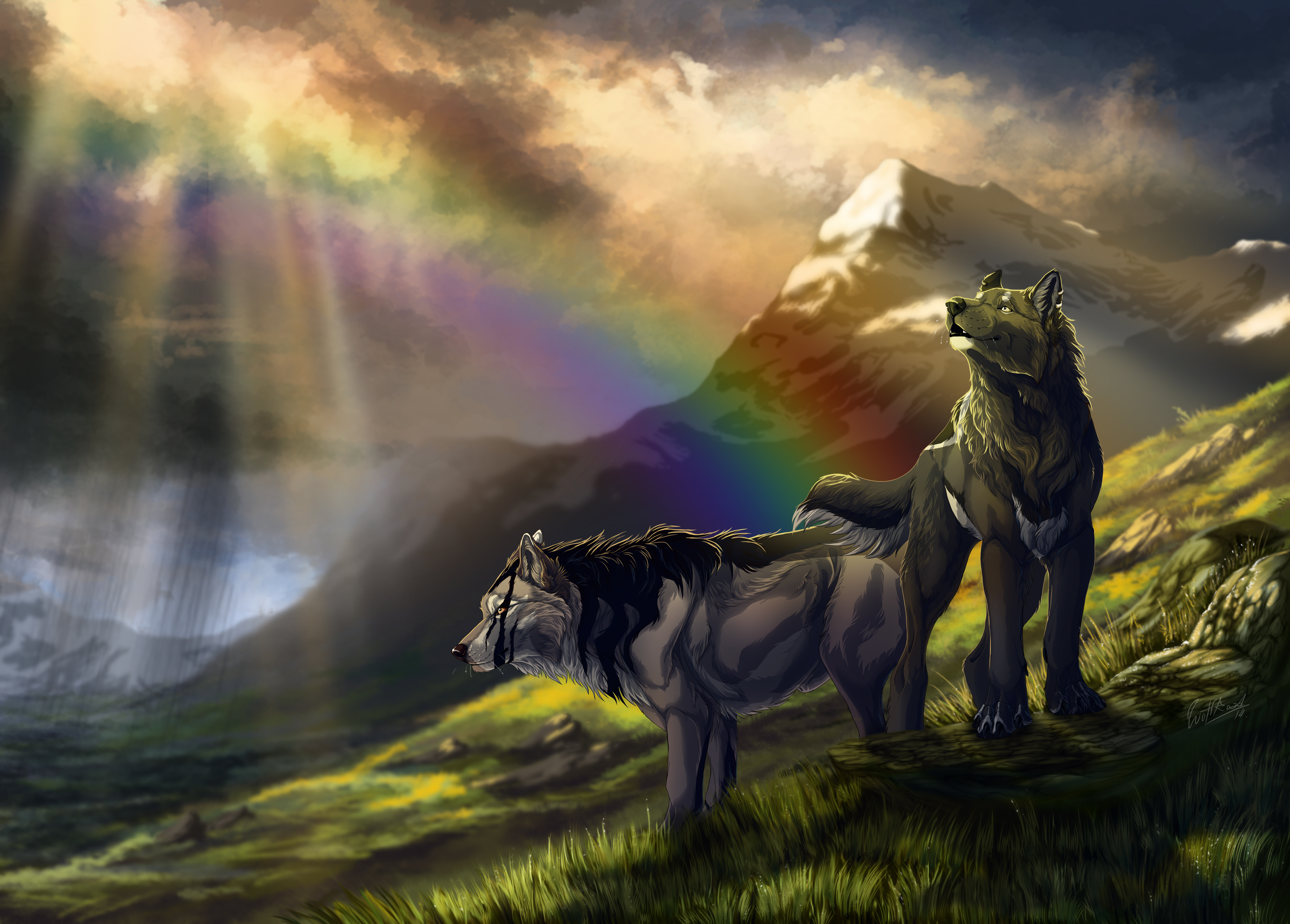 Free download wallpaper Fantasy, Rainbow, Mountain, Wolf, Fantasy Animals on your PC desktop