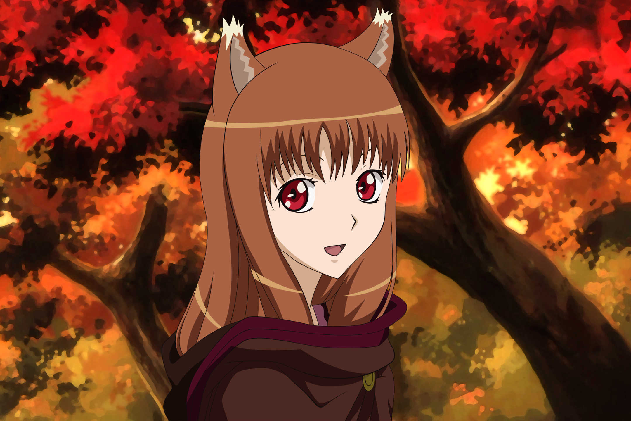 Download mobile wallpaper Anime, Face, Red Eyes, Brown Hair, Holo (Spice & Wolf), Animal Ears, Spice And Wolf for free.