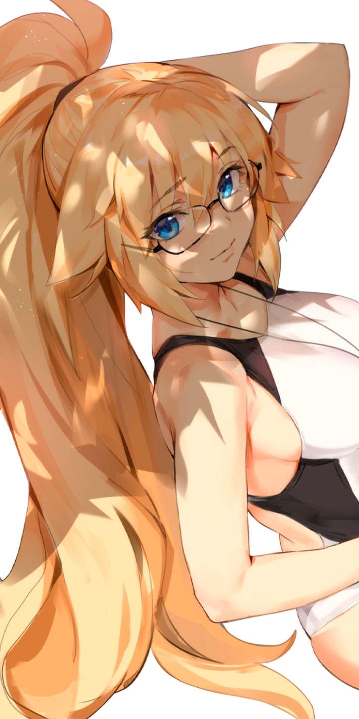 Download mobile wallpaper Anime, Blonde, Glasses, Blue Eyes, Swimsuit, Long Hair, Swimwear, Ponytail, Fate/grand Order, Jeanne D'arc (Fate Series), Fate Series for free.
