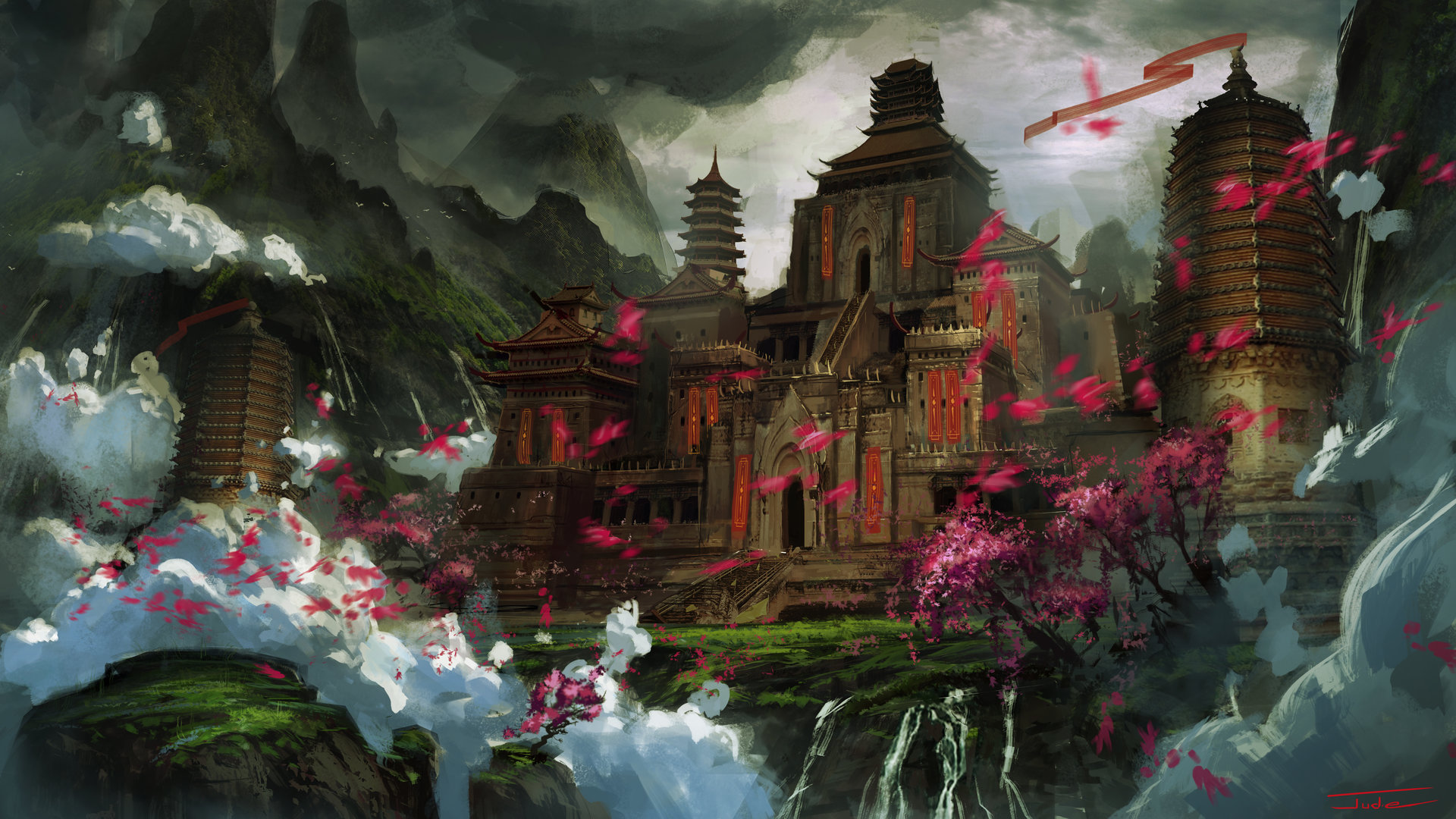 Download mobile wallpaper Fantasy, Castles, Building, Mountain, Cloud, Petal, Oriental, Castle for free.