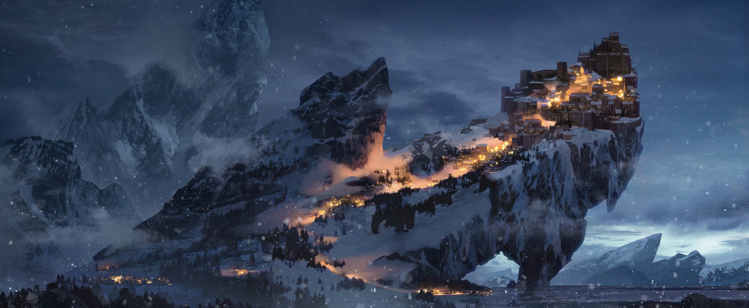 Free download wallpaper Landscape, Winter, Fantasy, Night, Snow, City, Mountain on your PC desktop