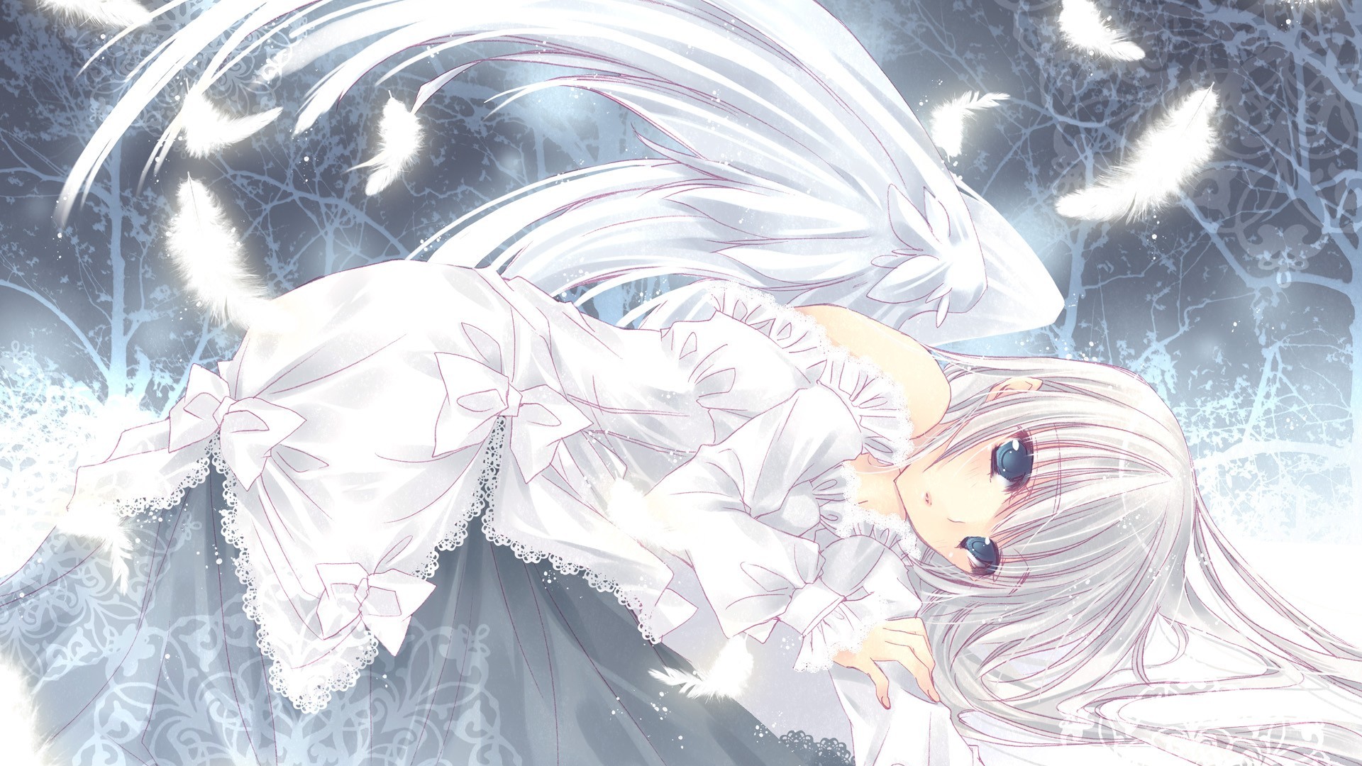 Free download wallpaper Anime, Feather, Wings, Angel, Blue Eyes, Blush, Long Hair, White Hair, White Dress on your PC desktop