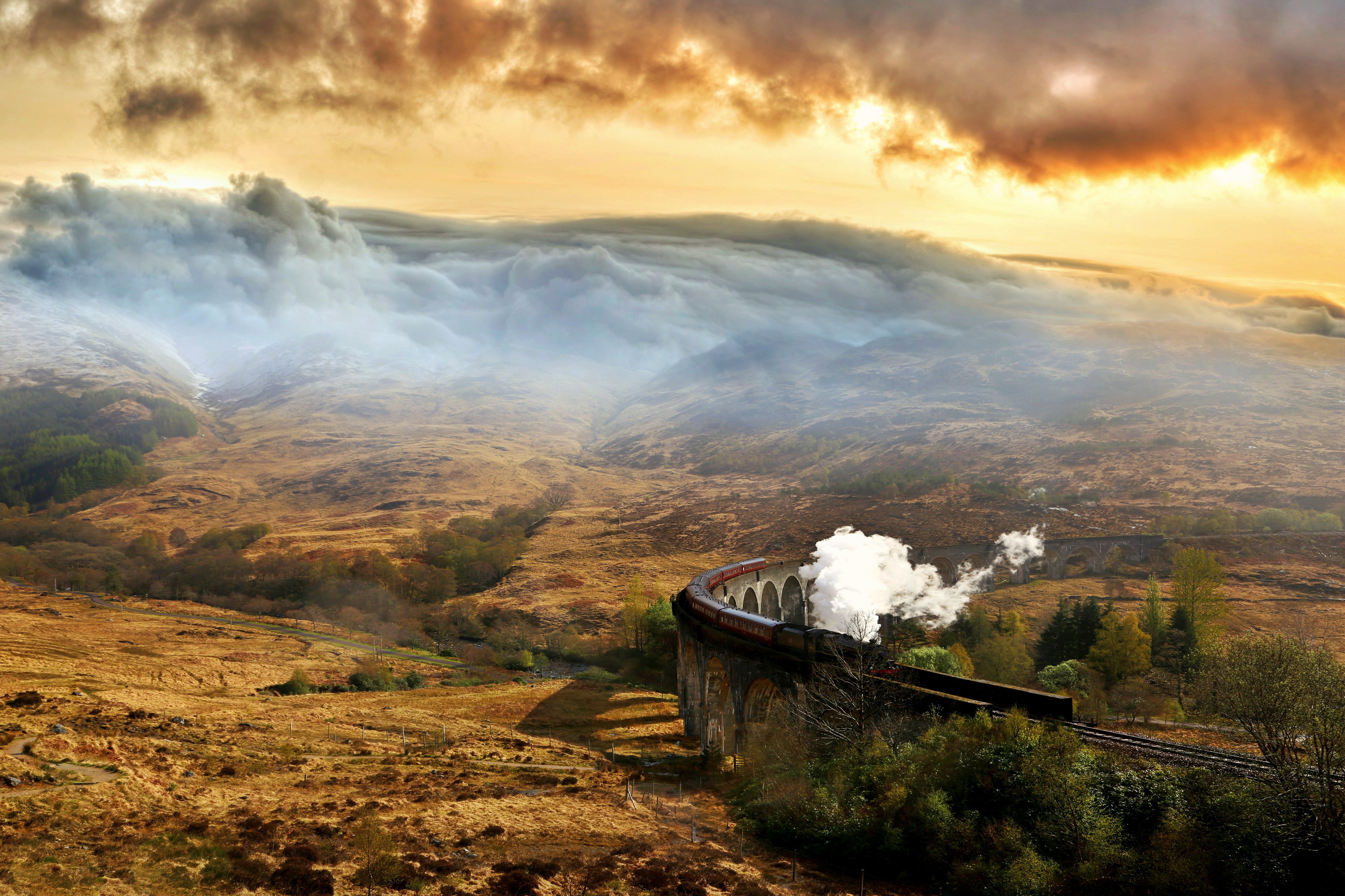 Download mobile wallpaper Landscape, Smoke, Cloud, Train, Vehicles for free.