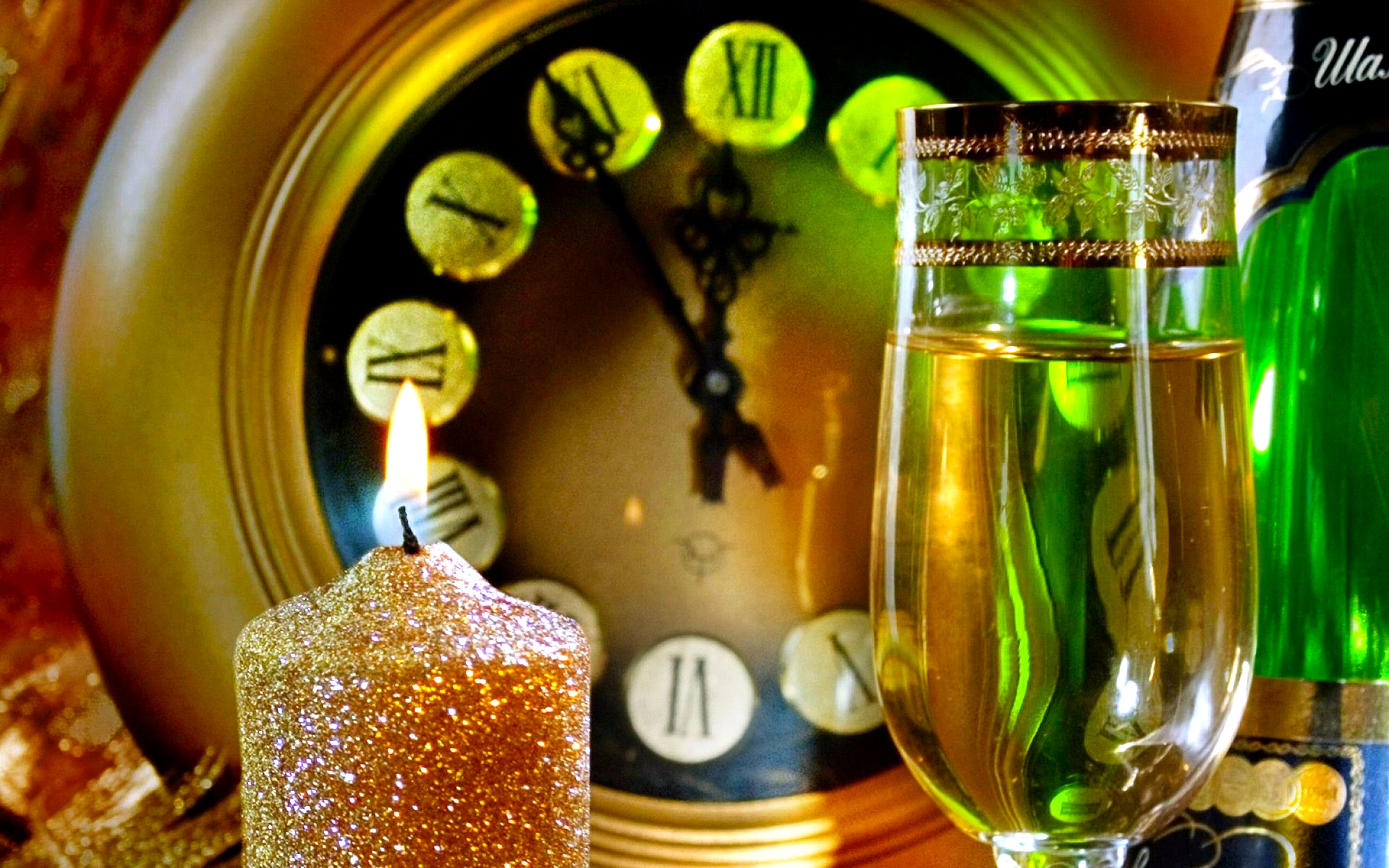 new year, holiday, candle, champagne, clock, flame
