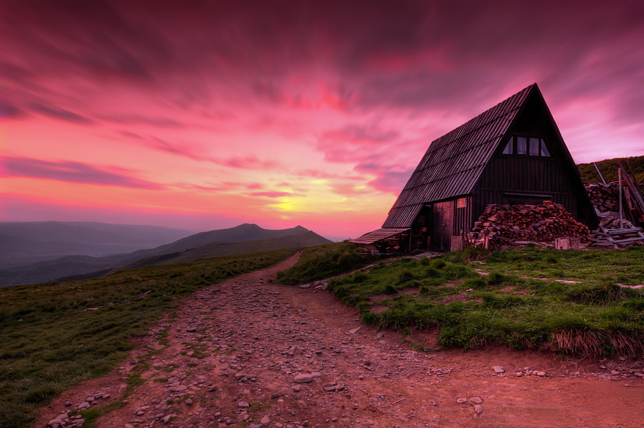 Free download wallpaper Landscape, Sunset, House, Path, Barn, Man Made on your PC desktop