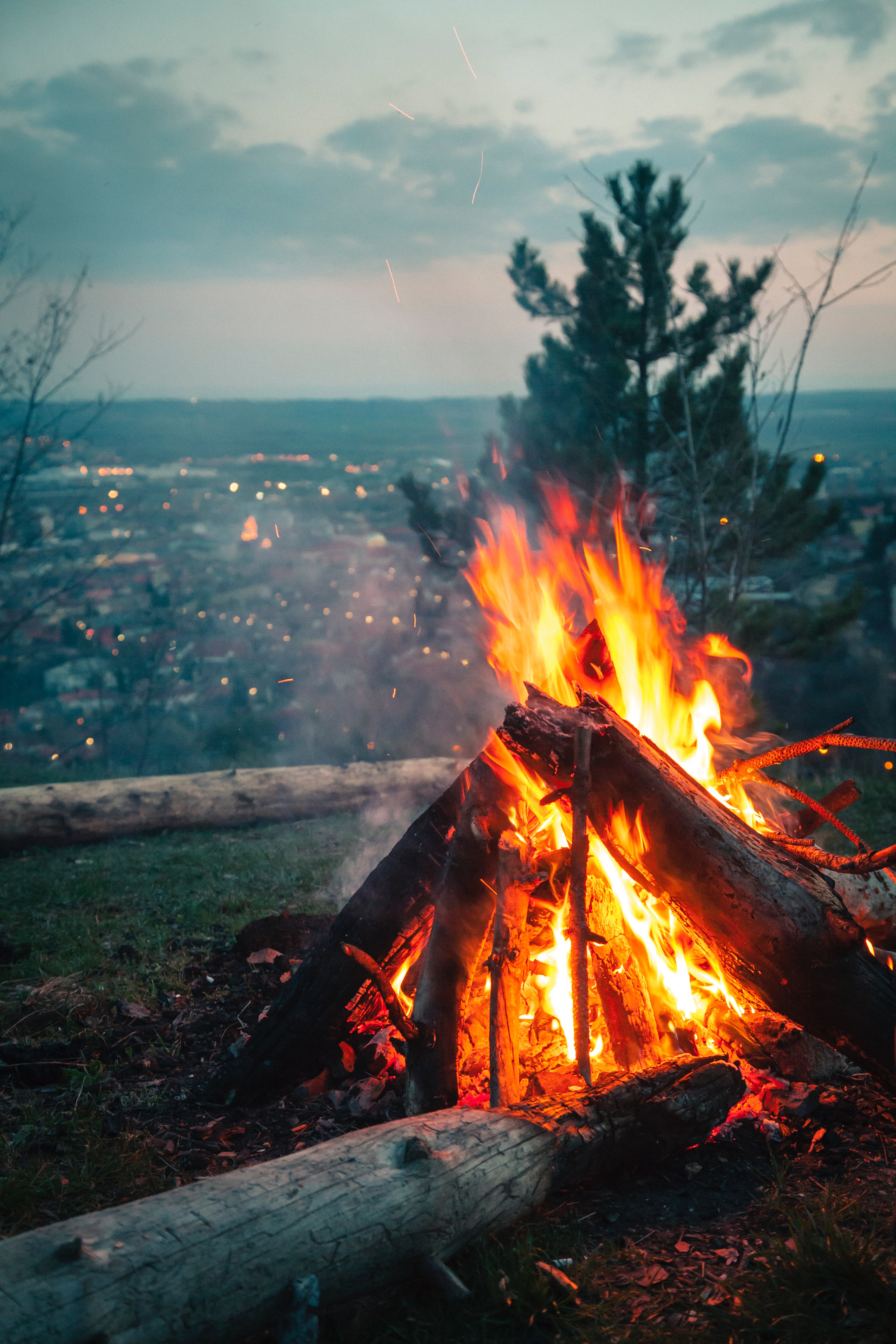 bonfire, nature, fire, sparks, journey, camping, campsite