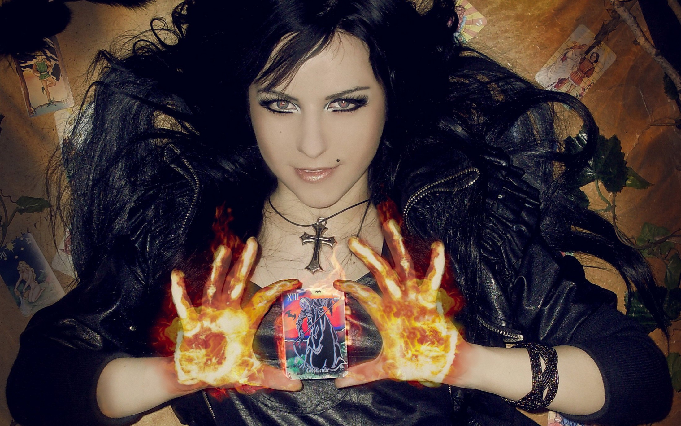 Download mobile wallpaper Fire, Gothic, Mood, Women, Cross, Card, Tarot Cards for free.