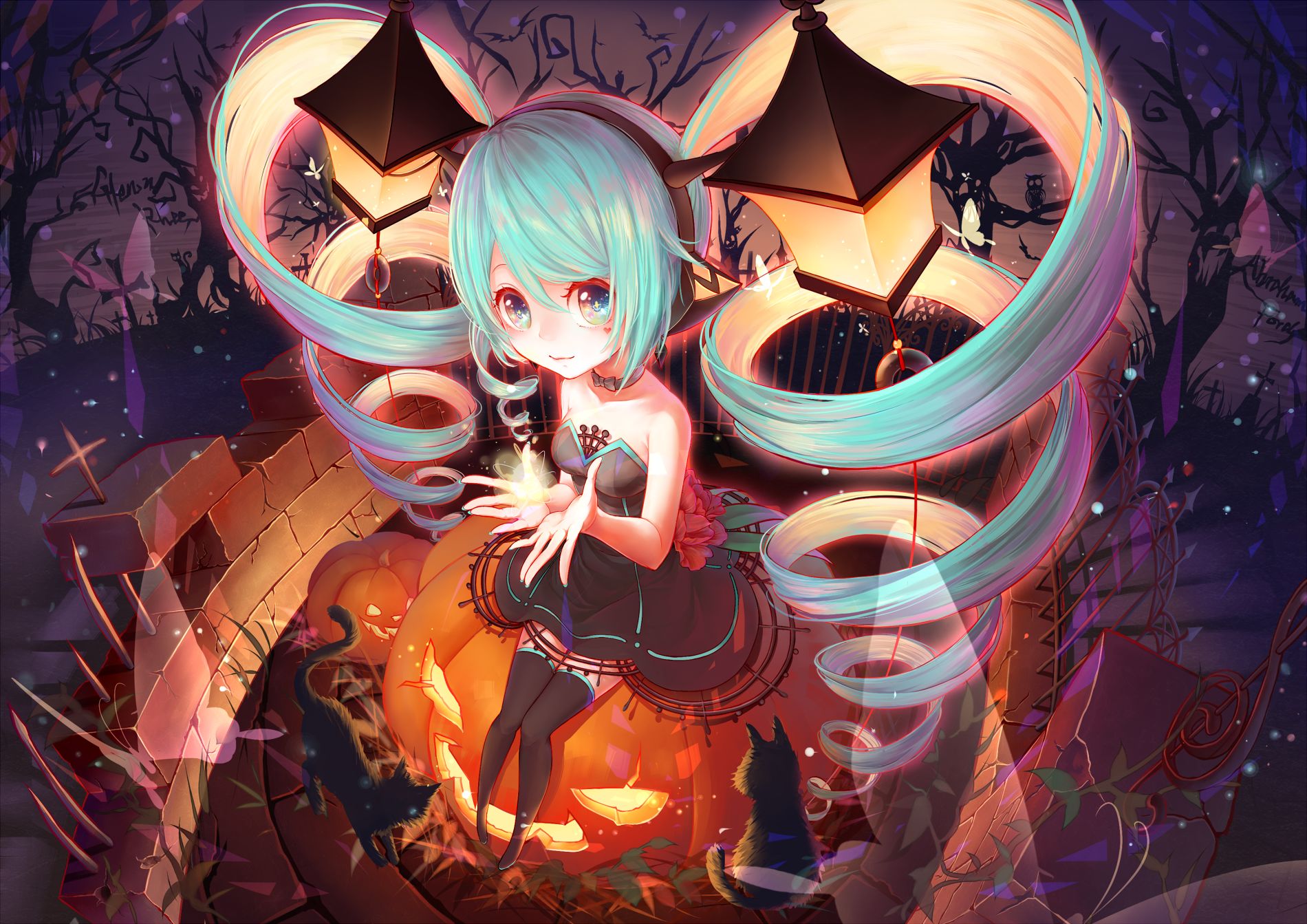 Download mobile wallpaper Anime, Halloween, Pumpkin, Cat, Original for free.