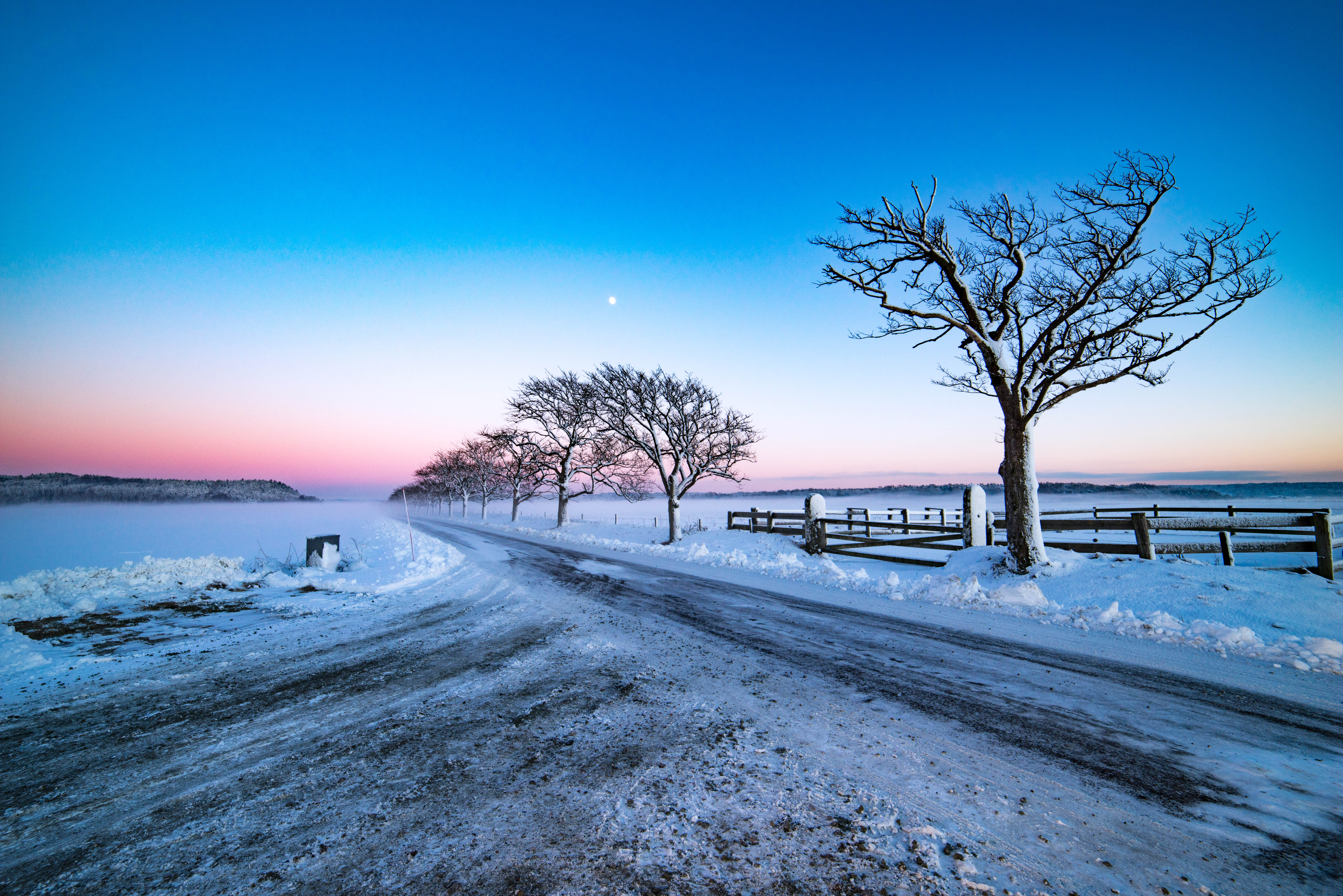 Free download wallpaper Winter, Sunset, Moon, Snow, Road, Tree, Earth, Fence, Photography on your PC desktop