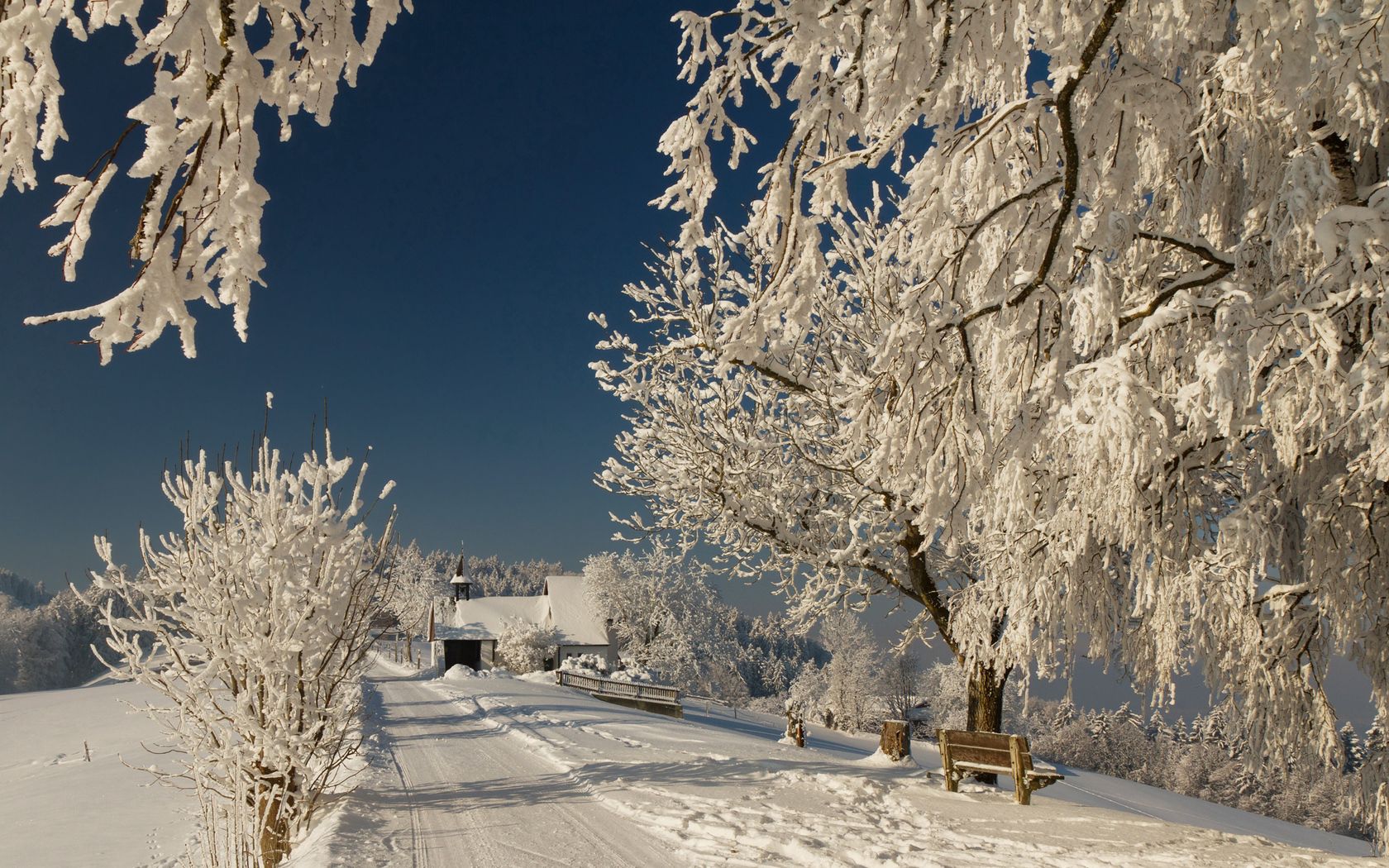 Free download wallpaper Winter, Nature, Road, Branches, Frost, Hoarfrost, Branch, Bench, Sunny on your PC desktop