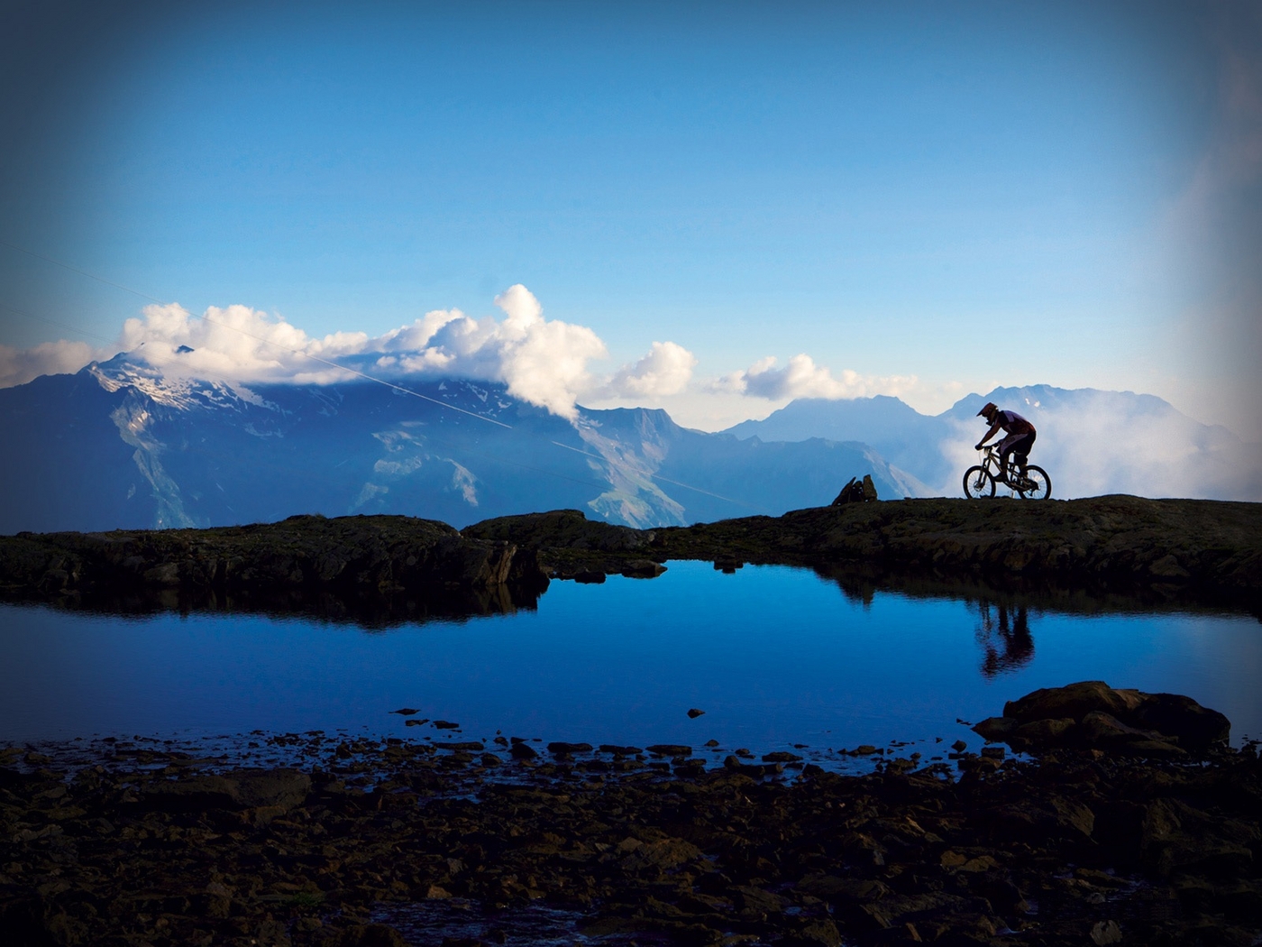sports, landscape, mountains, bicycles, blue
