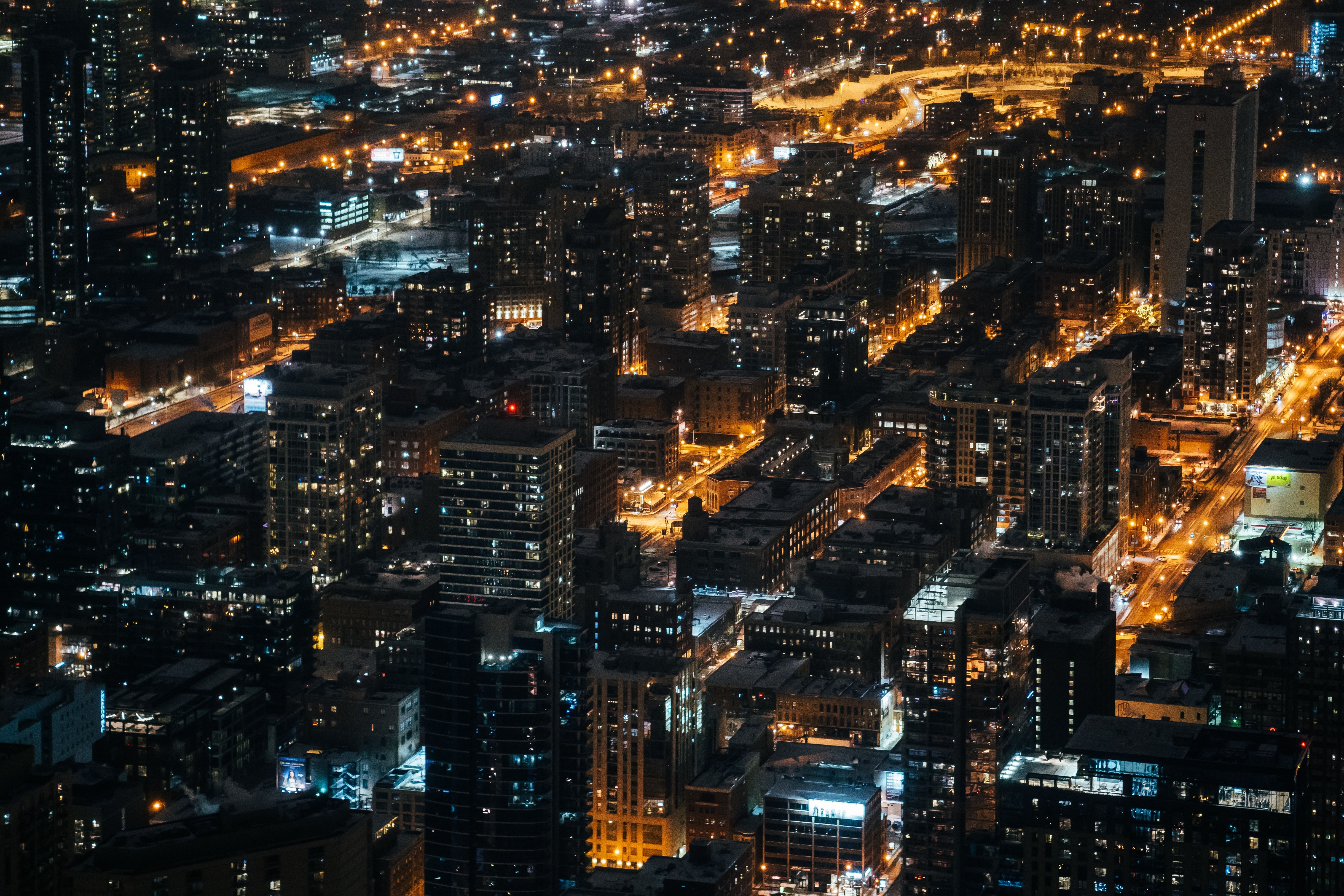 city lights, overview, night city, cities, building, view from above, review HD wallpaper