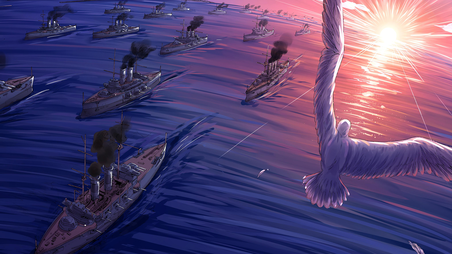 Free download wallpaper Water, Sunset, Battleship, Bird, Military, Navy on your PC desktop
