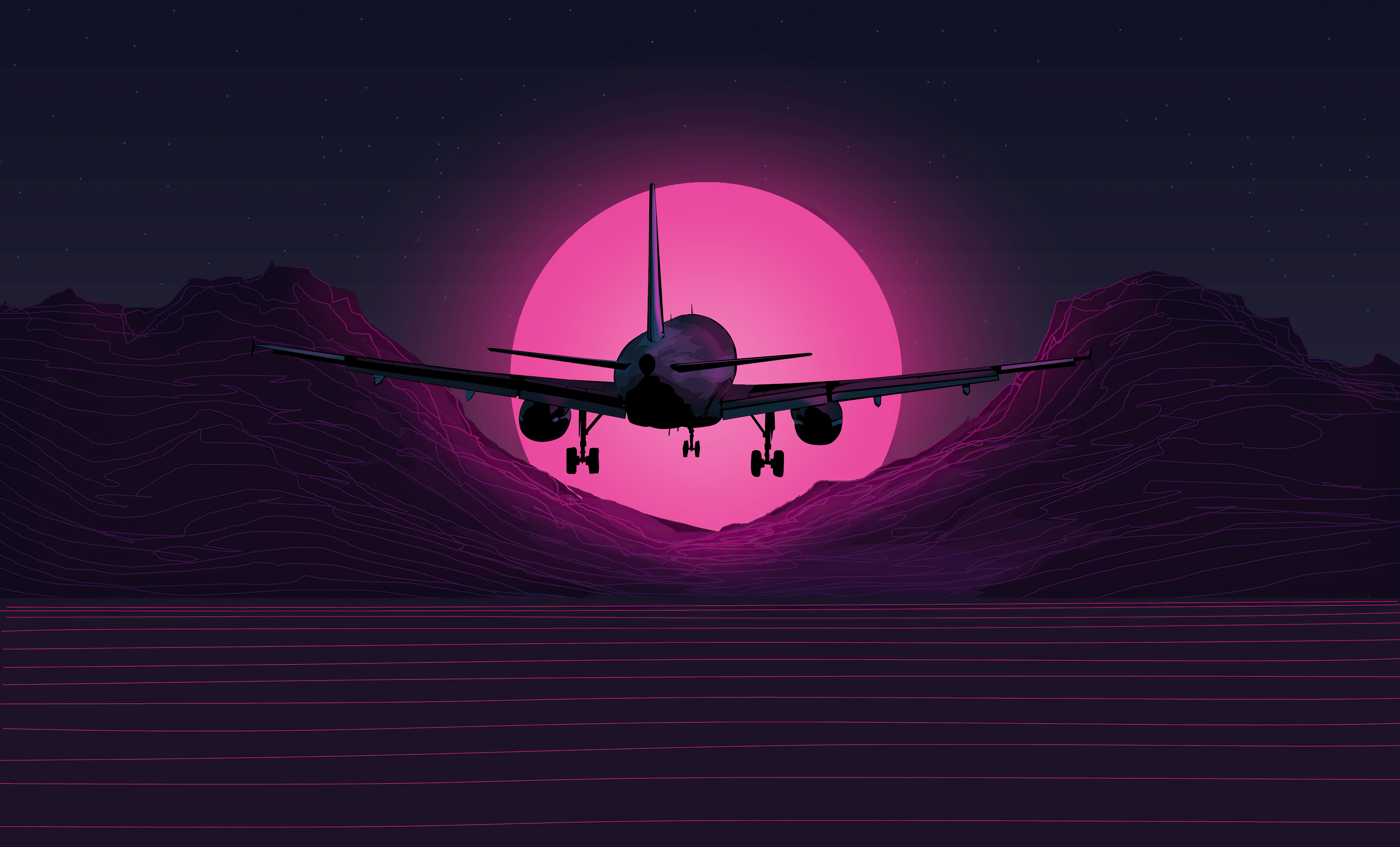 Download mobile wallpaper Airplane, Artistic, Synthwave, Retro Wave for free.