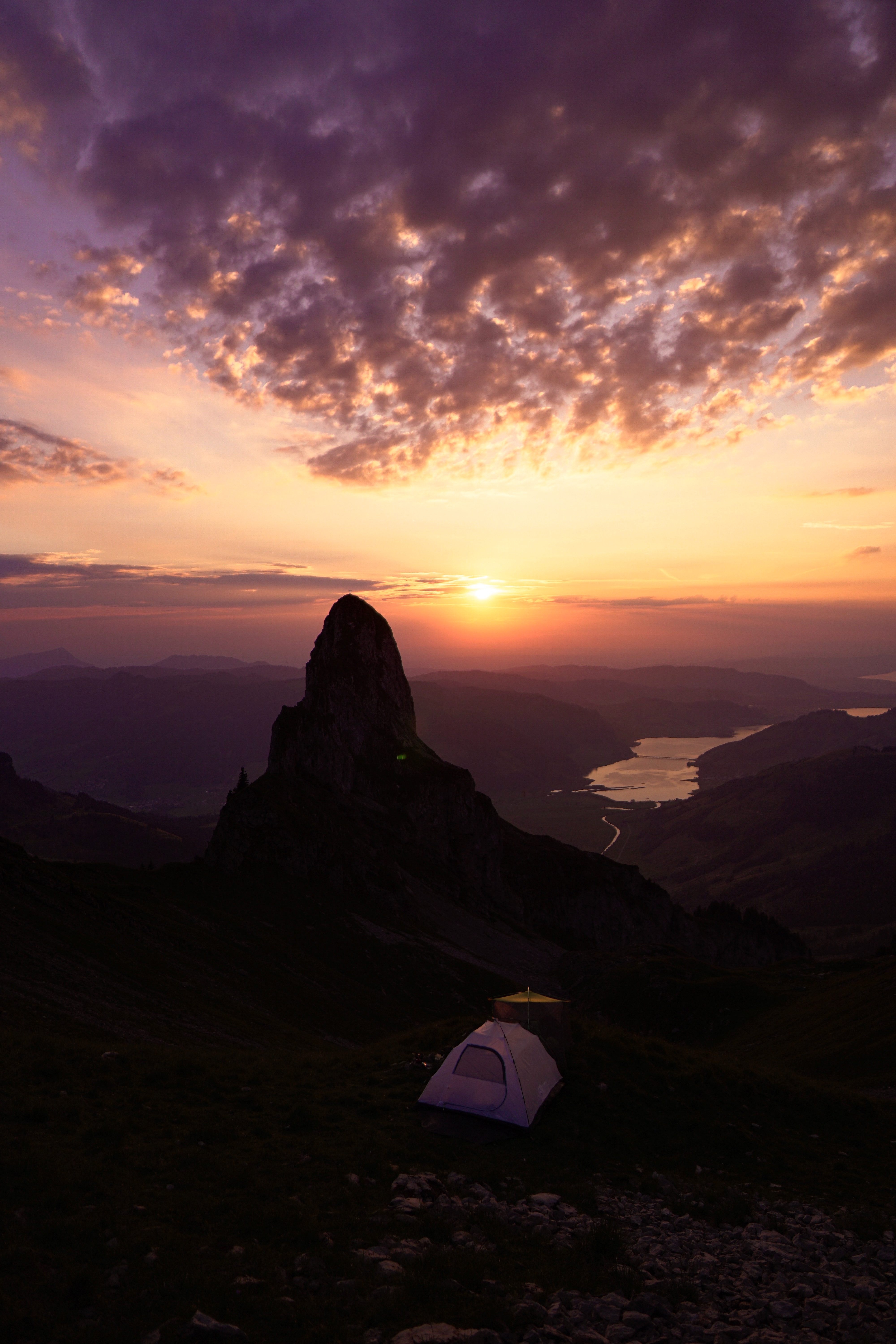 Free download wallpaper Sunset, Mountains, Tent, Nature, Campsite, Camping on your PC desktop