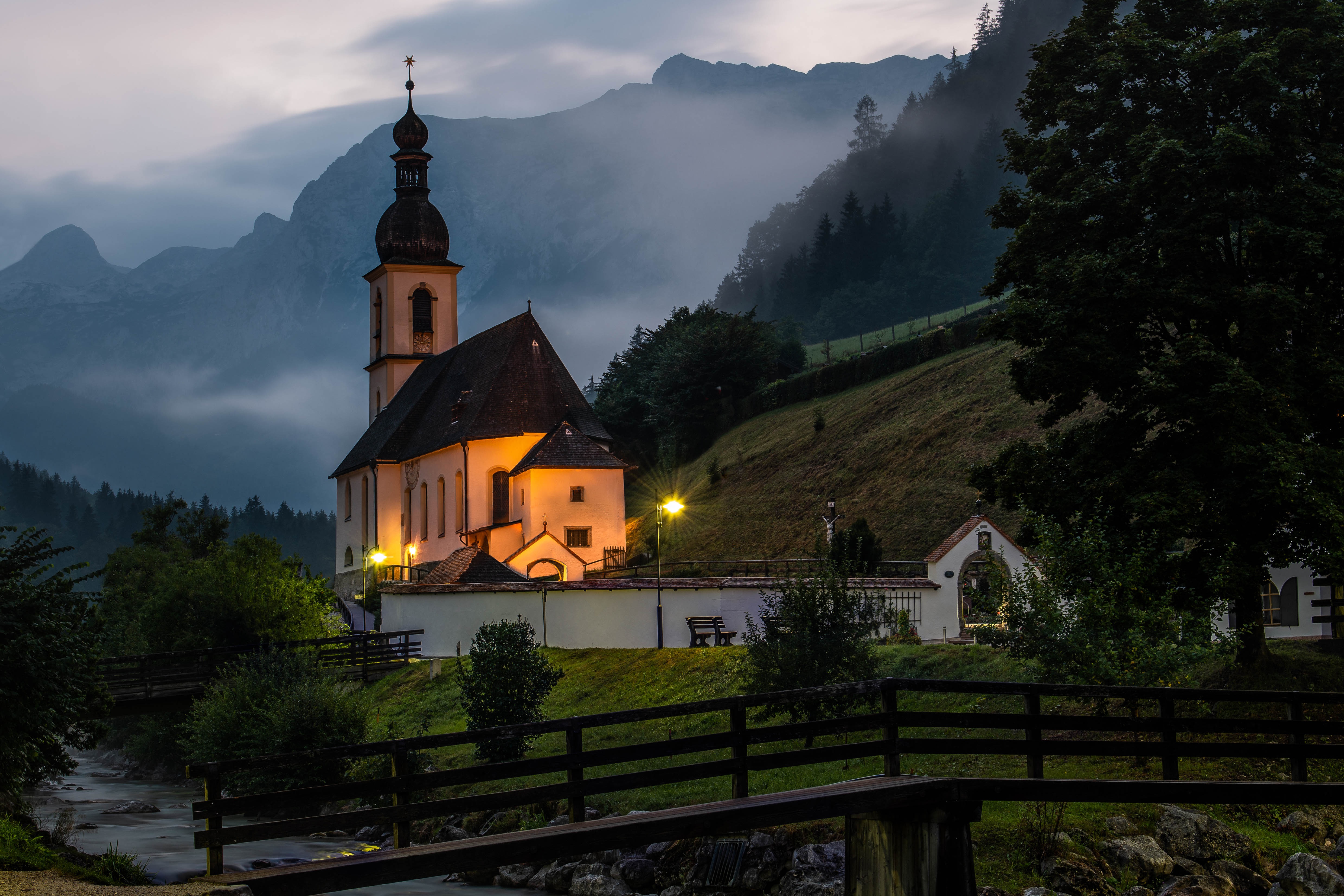 Free download wallpaper Mountain, Fog, Austria, Bridge, Church, River, Religious on your PC desktop