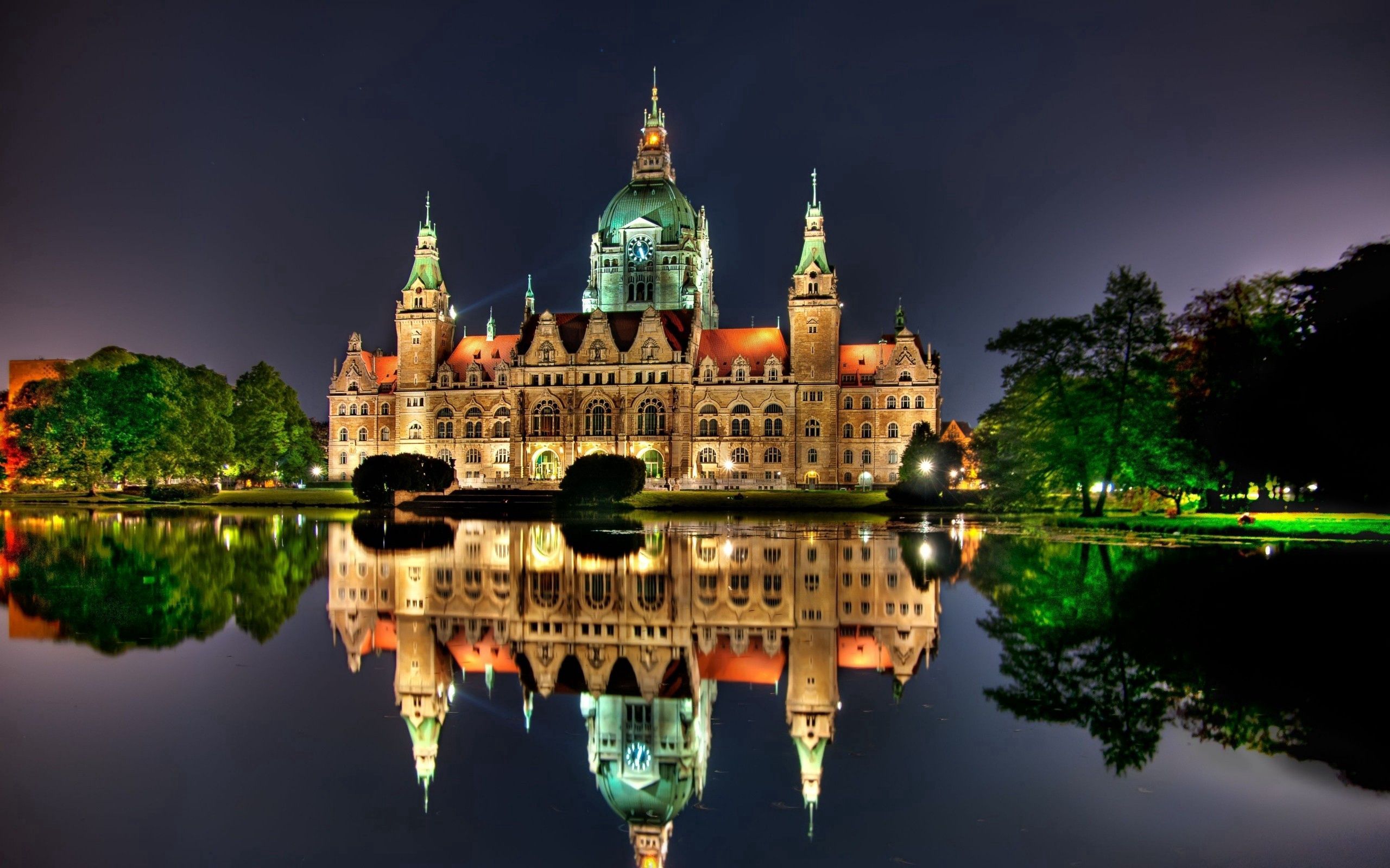 germany, cities, night, building, reflection, shine, brilliance, hanover