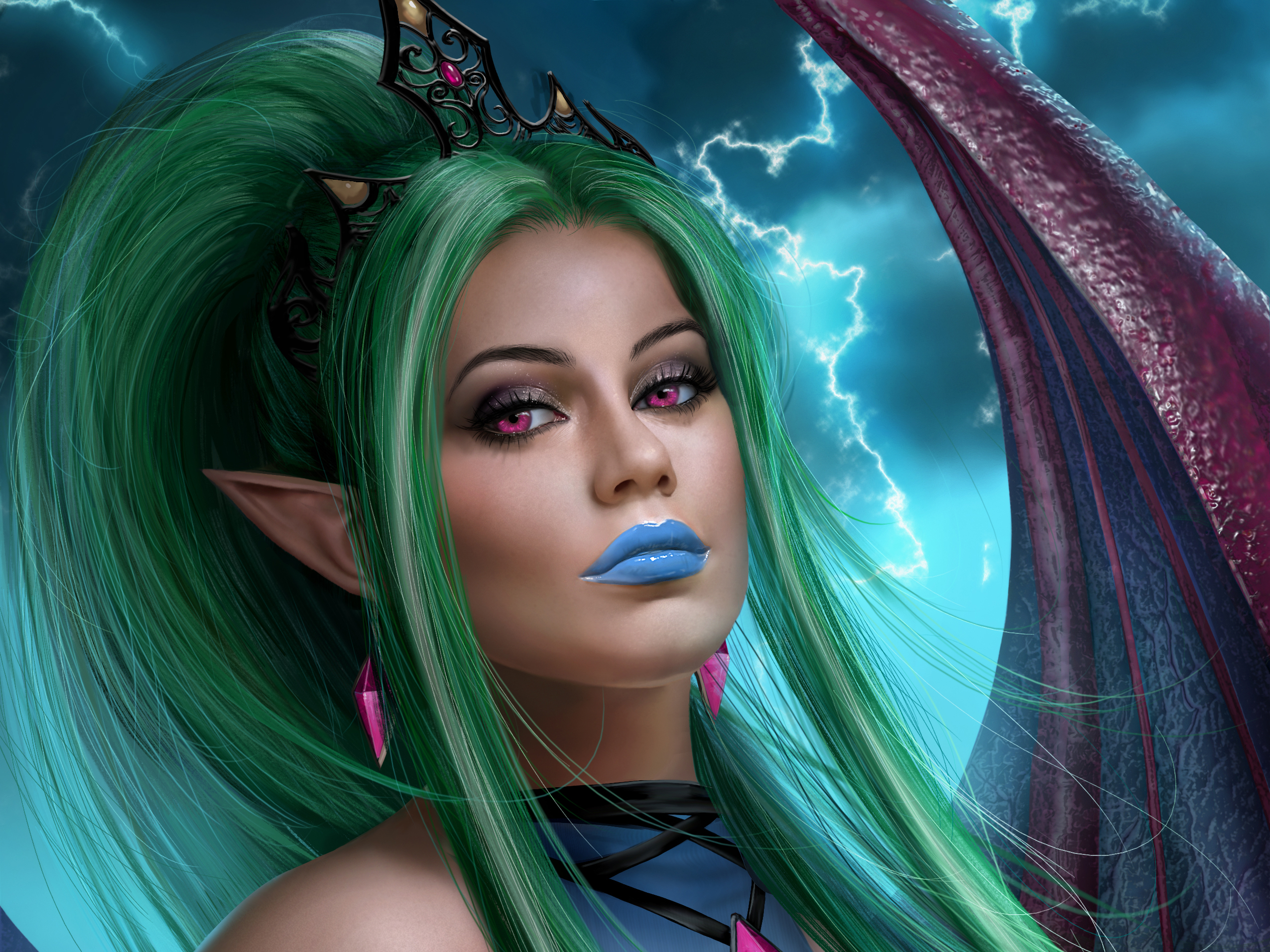 Free download wallpaper Fantasy, Wings, Angel, Green Hair, Purple Eyes, Lipstick on your PC desktop