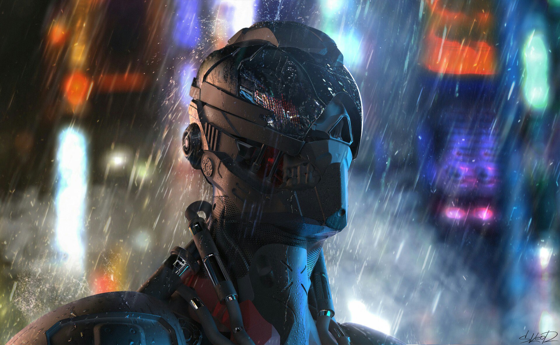 Handy-Wallpaper Regen, Cyberpunk, Science Fiction, Cyborg kostenlos herunterladen.