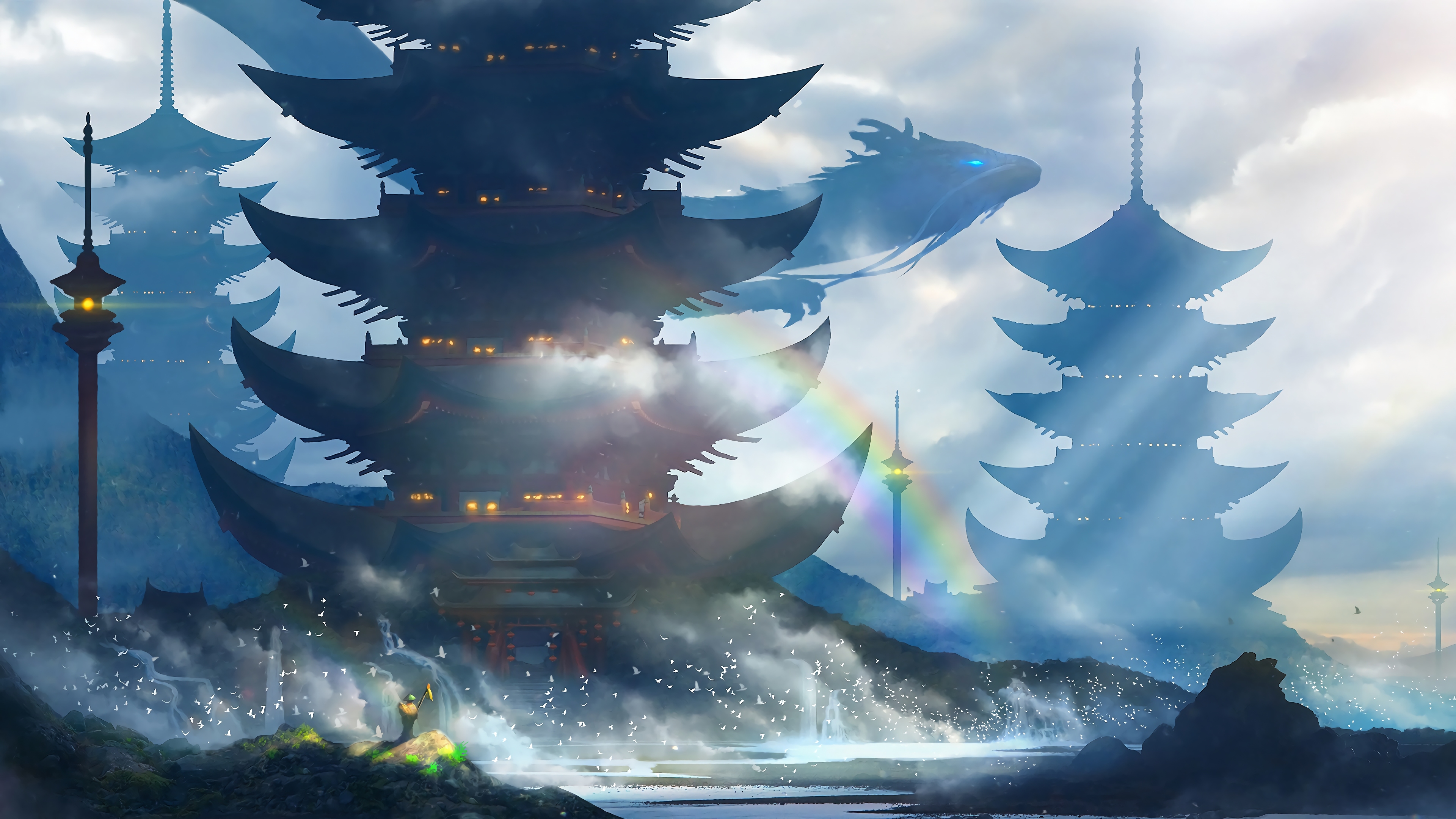 Free download wallpaper Fantasy, Castles, Rainbow, Building, Dragon, Oriental, Sunbeam, Castle on your PC desktop
