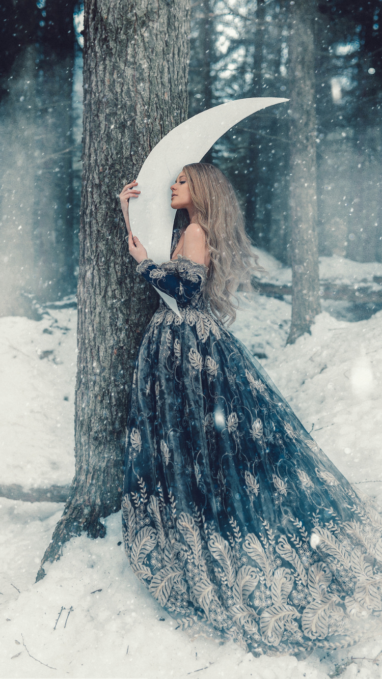 Download mobile wallpaper Winter, Fantasy, Moon, Snow, Dress, Women for free.