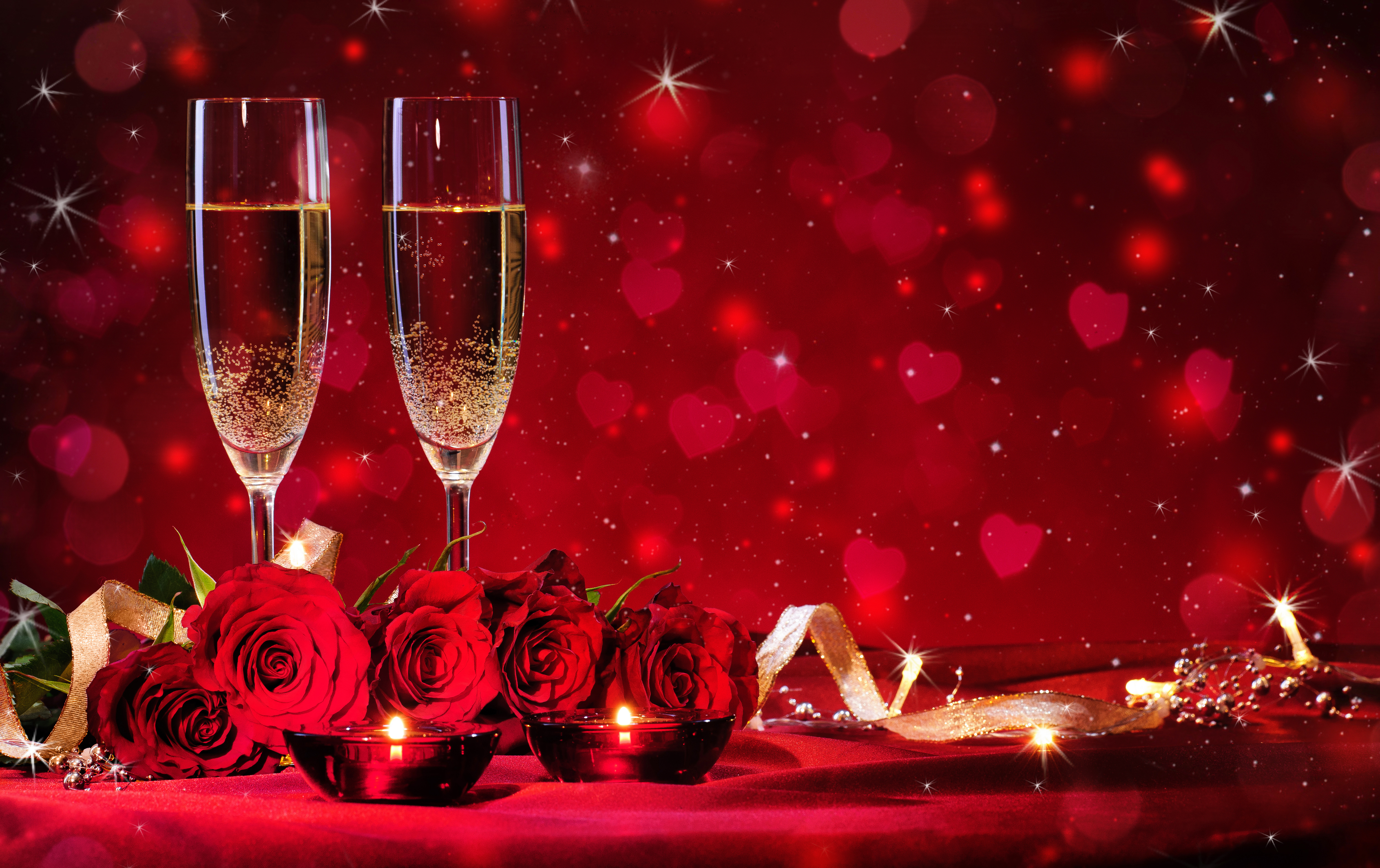 Download mobile wallpaper Valentine's Day, Love, Rose, Holiday, Glass, Bokeh, Candle, Champagne, Red Rose, Red Flower, Heart Shaped for free.
