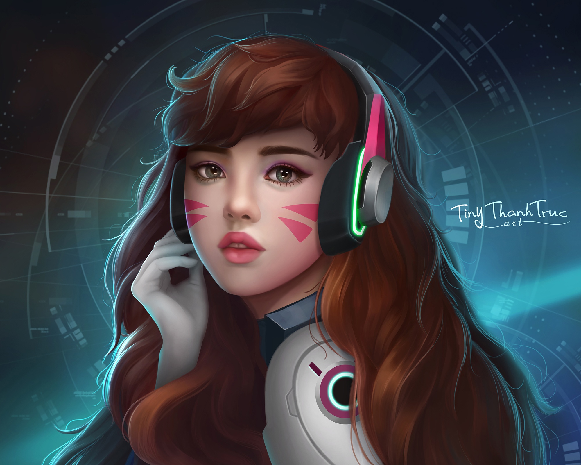 Download mobile wallpaper Headphones, Face, Overwatch, Video Game, Long Hair, Brown Hair, D Va (Overwatch) for free.