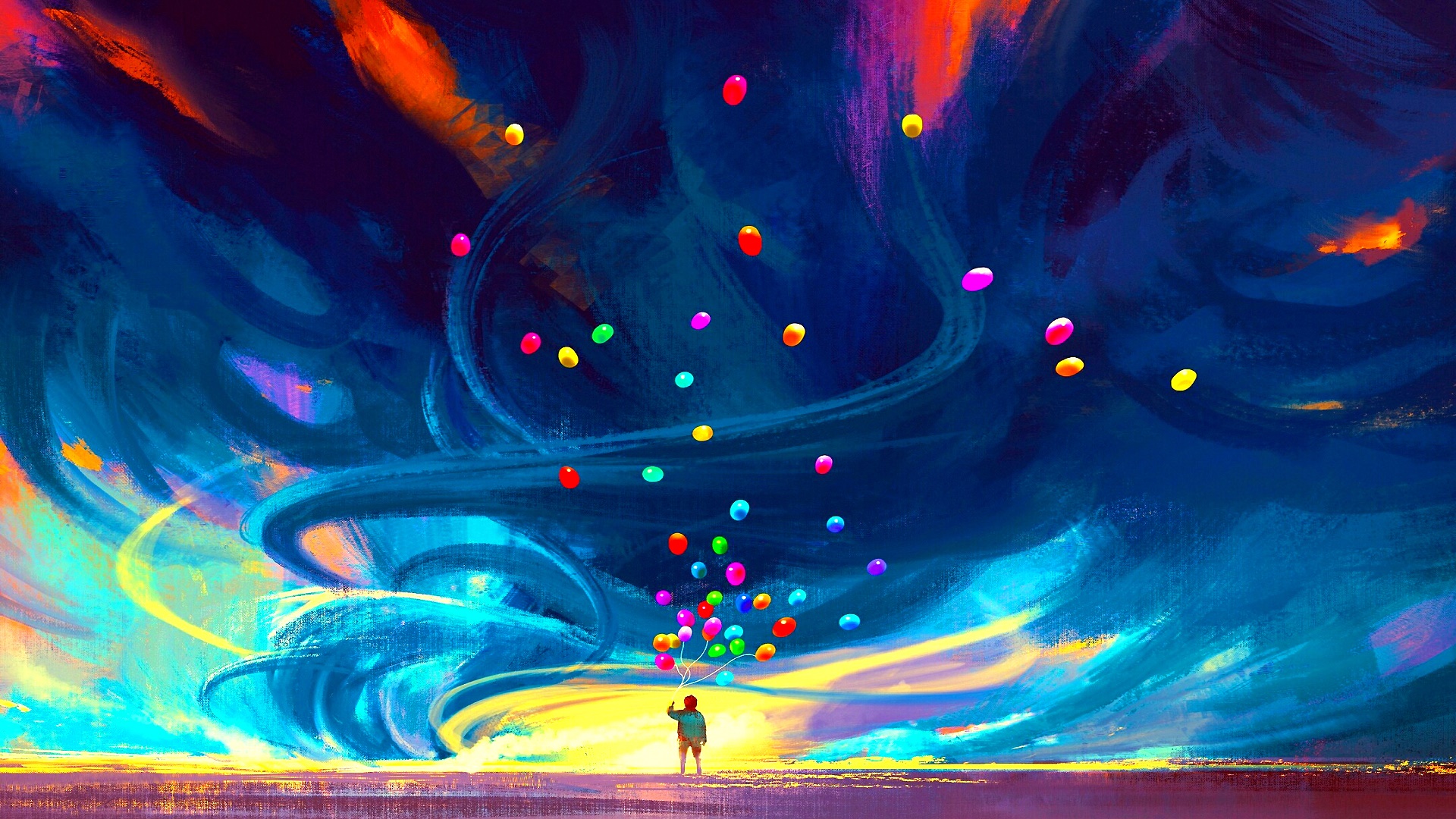 Download mobile wallpaper Sky, Balloon, Colorful, Artistic, Child for free.