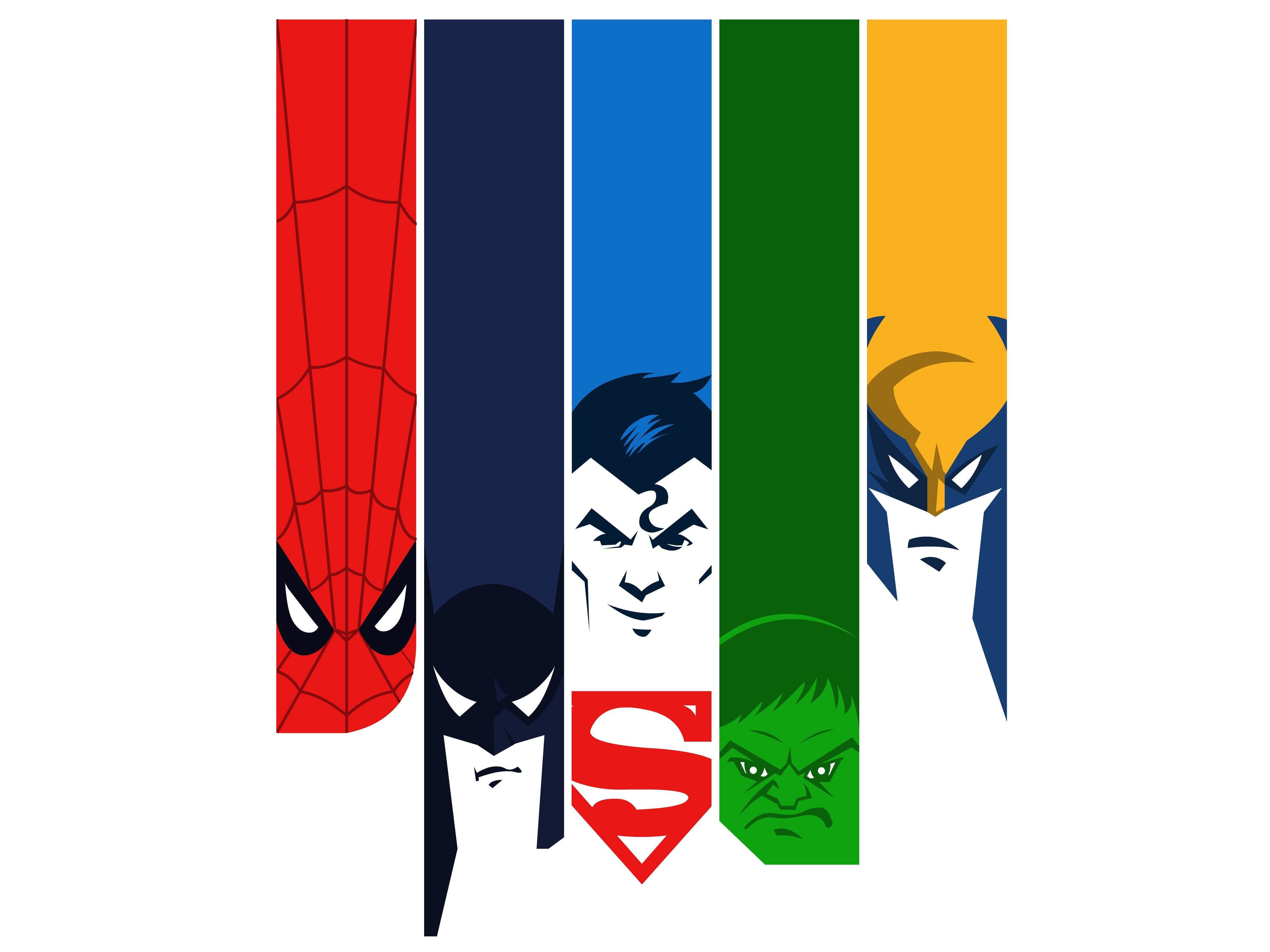 Laden Sie das Batman, Hulk, Collage, Vielfraß, Comics, Übermensch, Spider Man-Bild kostenlos auf Ihren PC-Desktop herunter