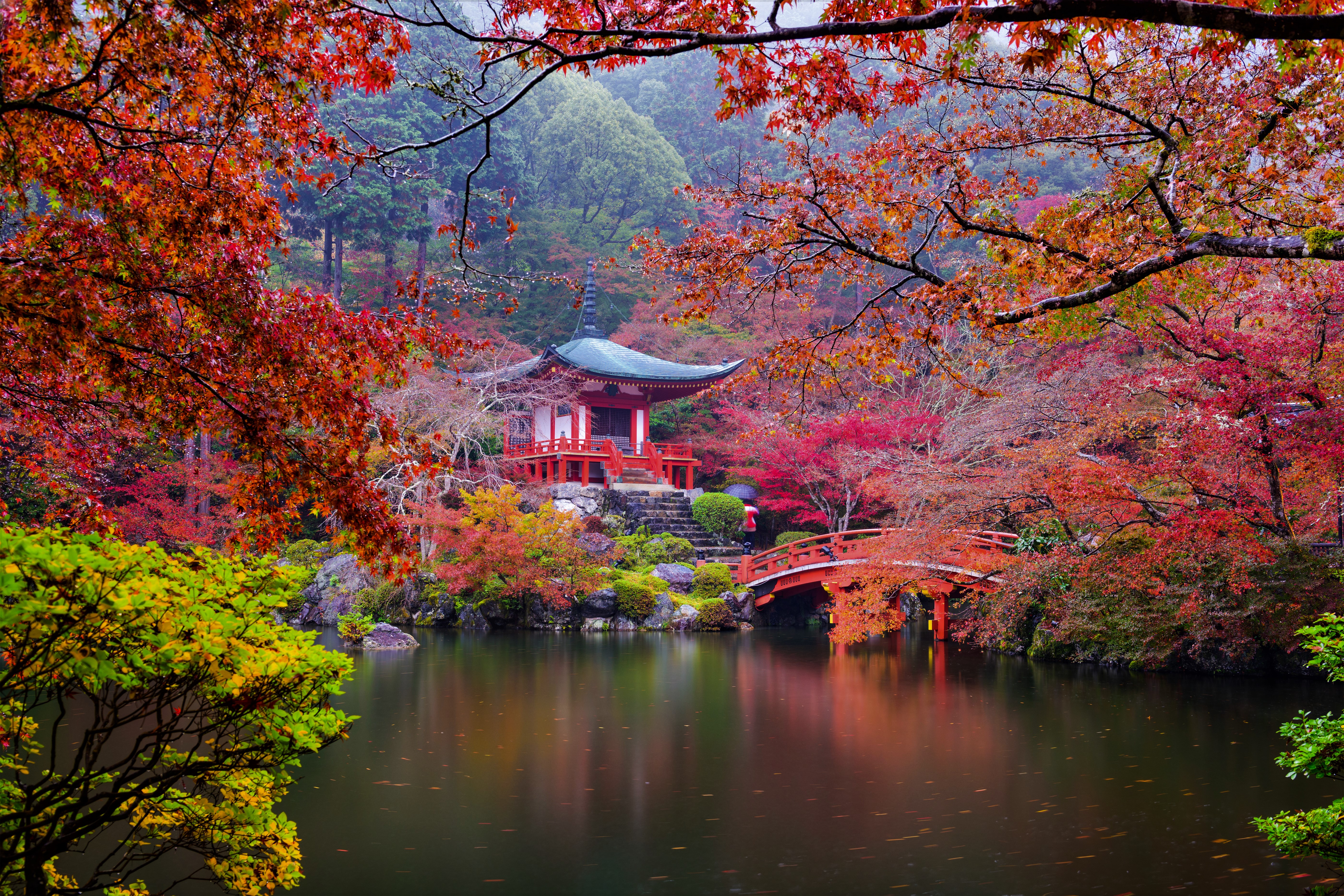423458 descargar fondo de pantalla pagoda, daigo ji, religioso, puente, otoño, jardín, jardín japonés, templos: protectores de pantalla e imágenes gratis