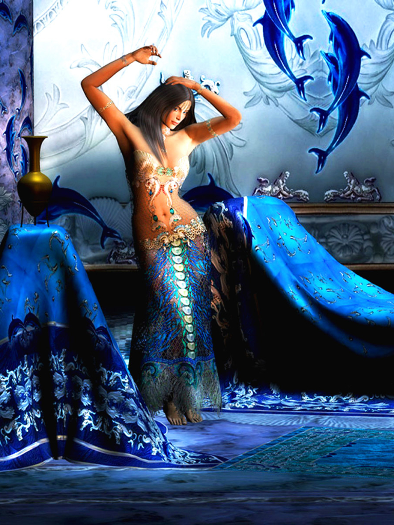 Download mobile wallpaper Fantasy, Room, Vase, Dolphin, Women for free.
