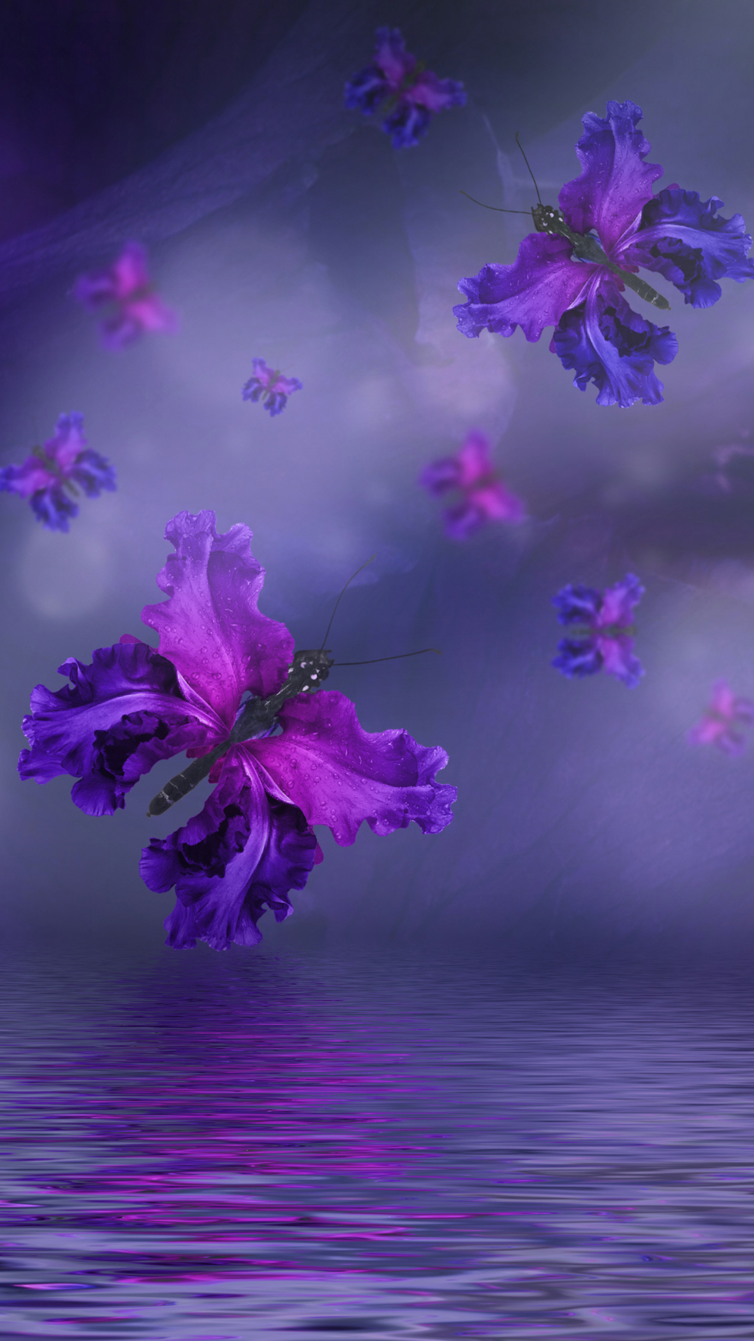 Скачать картинку Вода, Цветок, Бабочка, Крылья, Пурпурный, Художественные в телефон бесплатно.