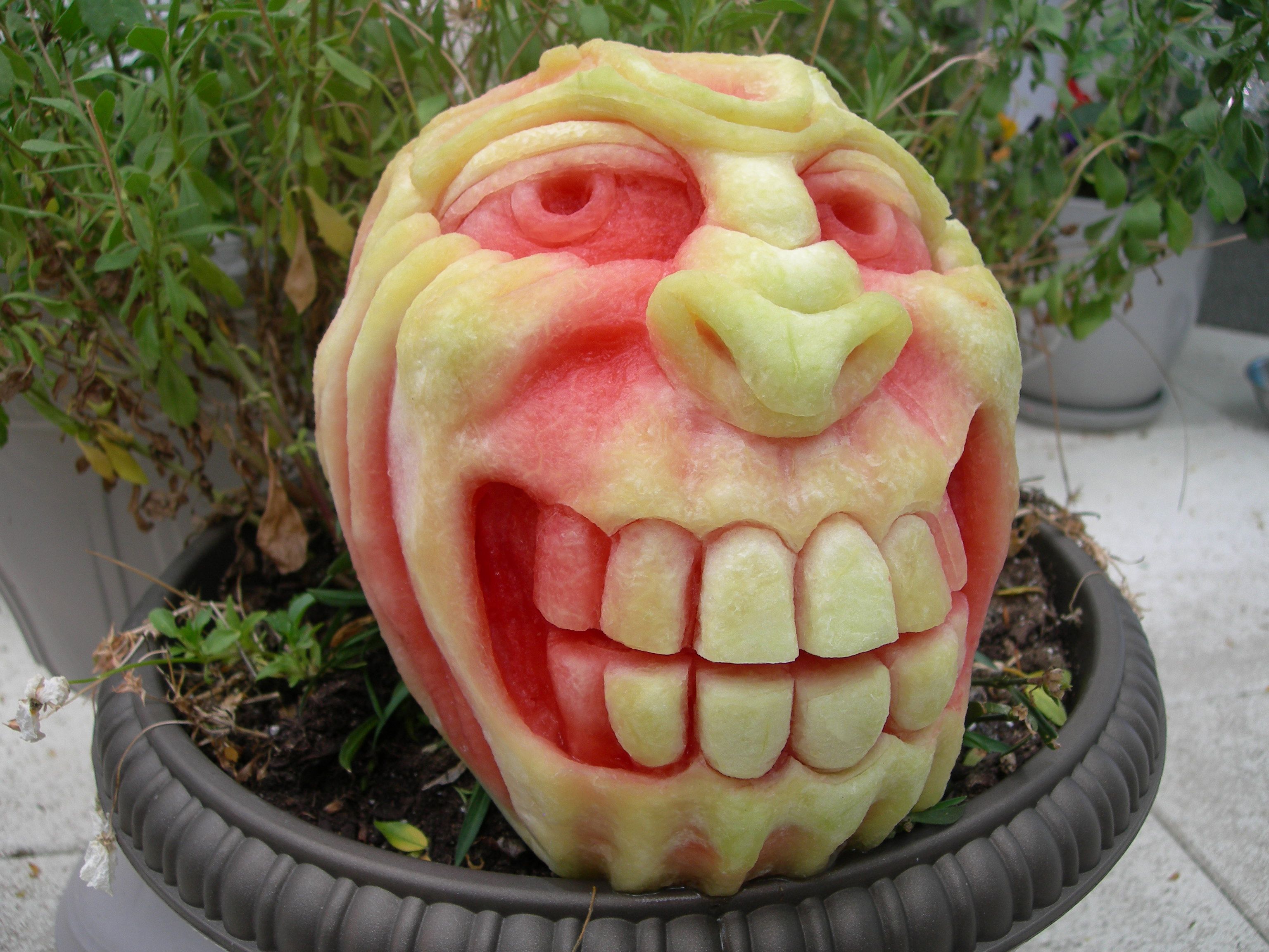 food, watermelon, carving, face, fruits