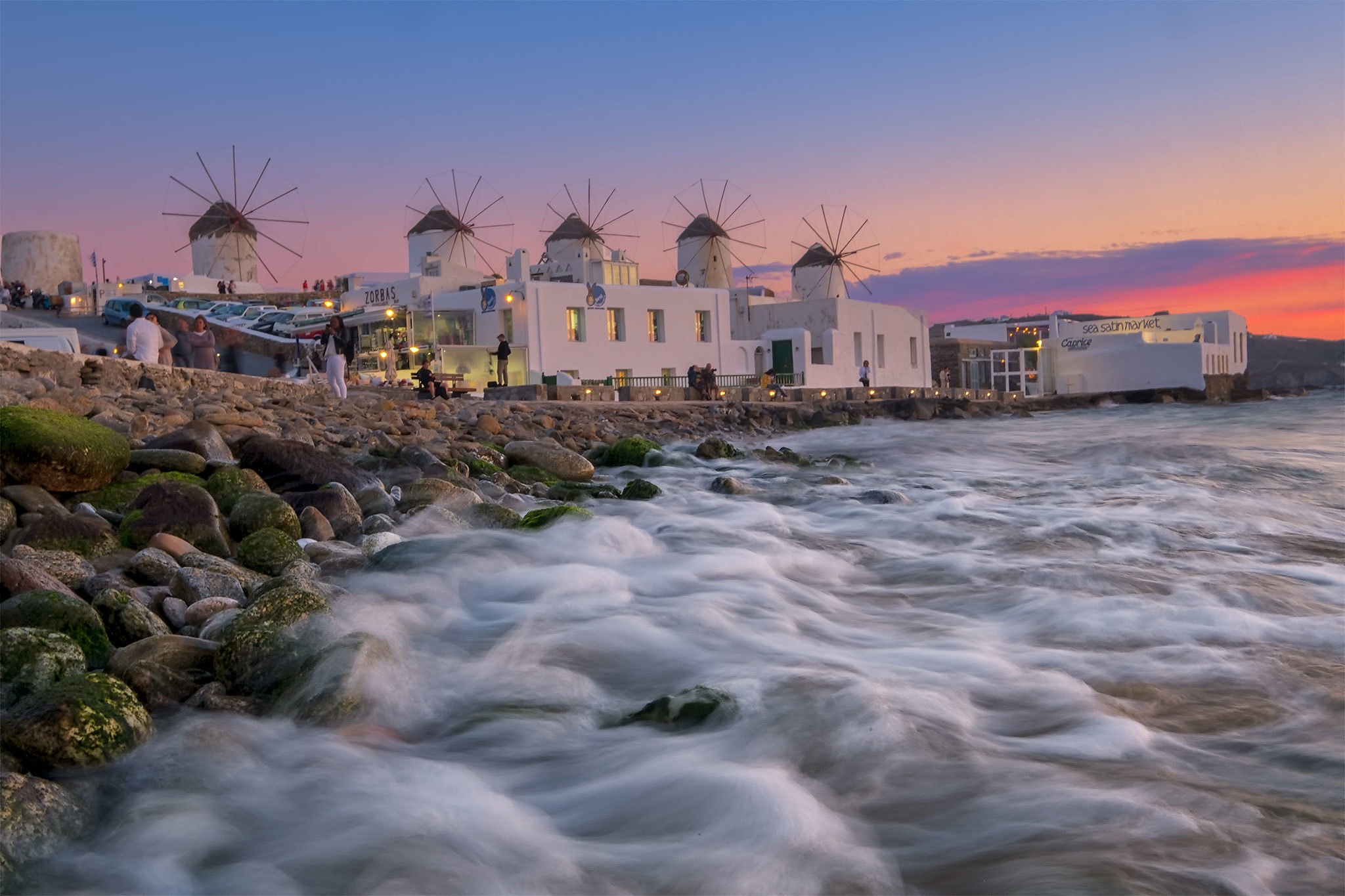 Download mobile wallpaper Sea, Coast, Greece, Windmill, Man Made, Mykonos for free.