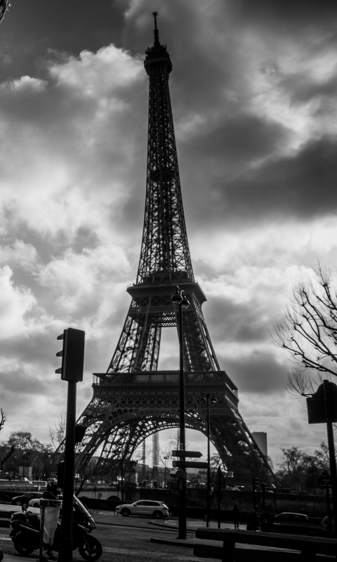 Download mobile wallpaper Paris, Eiffel Tower, Monuments, France, Carousel, Man Made, Black & White for free.