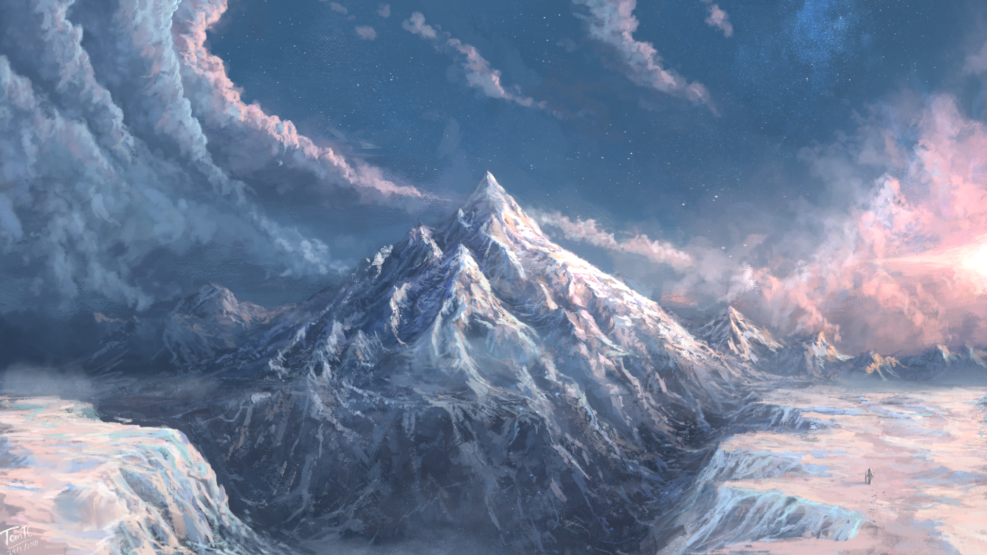 Free download wallpaper Landscape, Fantasy, Sky, Mountain, Peak, Cloud on your PC desktop